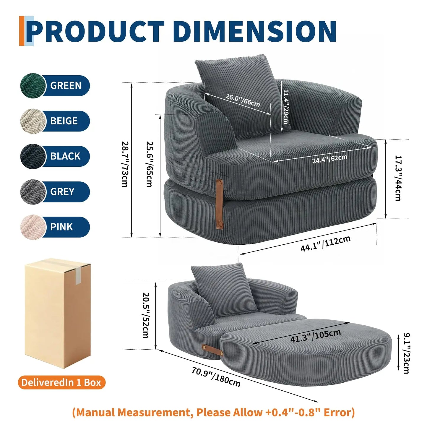 Folding Sofa Bed with Backrest & Handle, 3-in-1 Convertible Bean Bag Chair to Floor Sofa Lounger, Boneless Fold Out Couch Bed with Handle Comfy Fold Out Couch for Bedroom and Living Room
