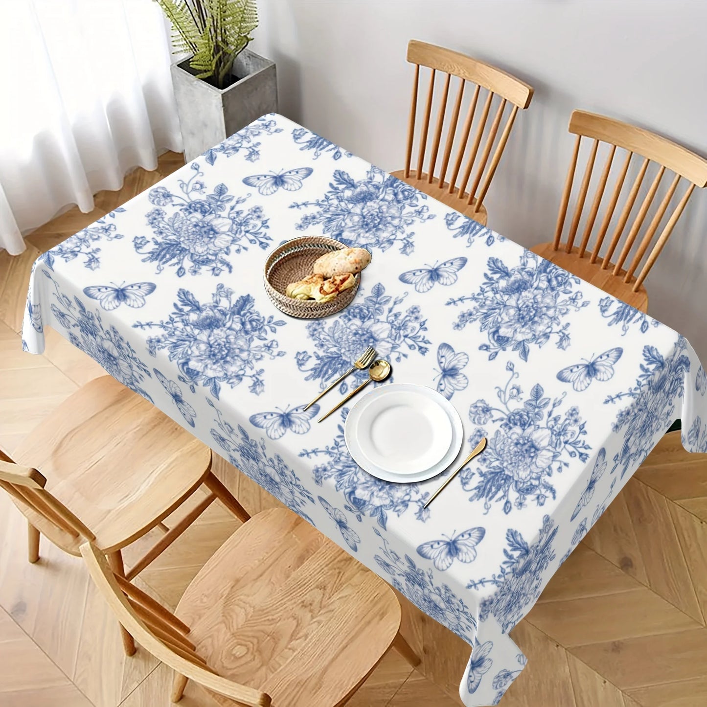 Tablecloth Multi Sizes Farmhouse Blue White Floral Butterfly Print Polyester Fabric Machine Washable Spillproof Dustproof Wrinkle Resistant Rectangular Table Cover for Kitchen Dining Wedding Picnic Party Patio Indoor Outdoor