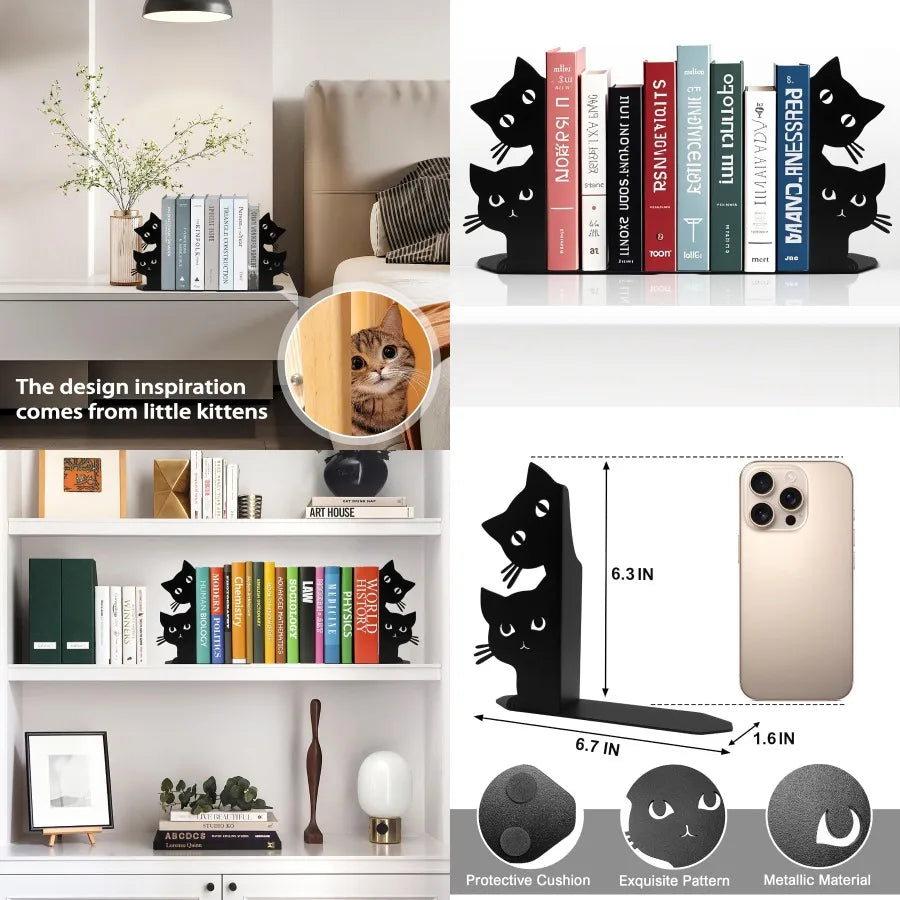 Peeping Cat Bookends for Shelves Decorative Metal Book Ends for Heavy Books Book Stopper for Office Home Cute Desk Bookshelf De