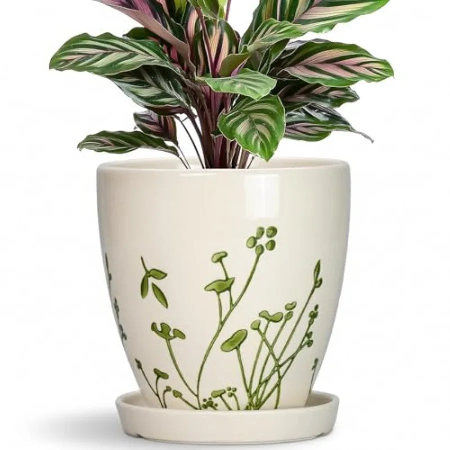 Ceramic Planter -.2 Plant Pot for Indoor Outdoor Plants Boho Round Ceramic Flower Pot with Drainage Hole and Saucer Gifts for P