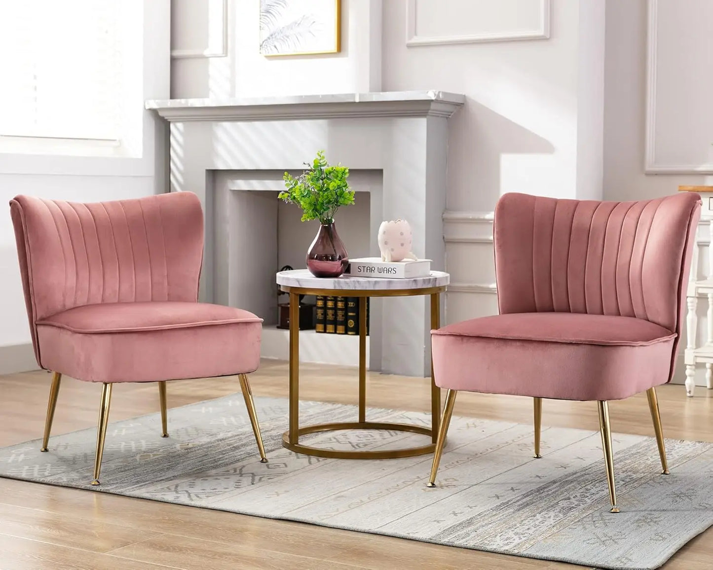 Velvet Accent Chairs Set of 2 Armless Slipper Chair with Golden Legs Mid Century Side Single Sofa for Living Room Bedroom Pink