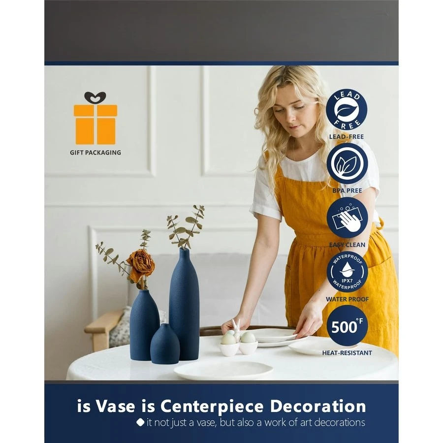 Blue Vase Set Navy Blue Decor Coastal Decor Vases for Kitchen Island Living Room Office Table Fireplace Mantle Decorations amp B