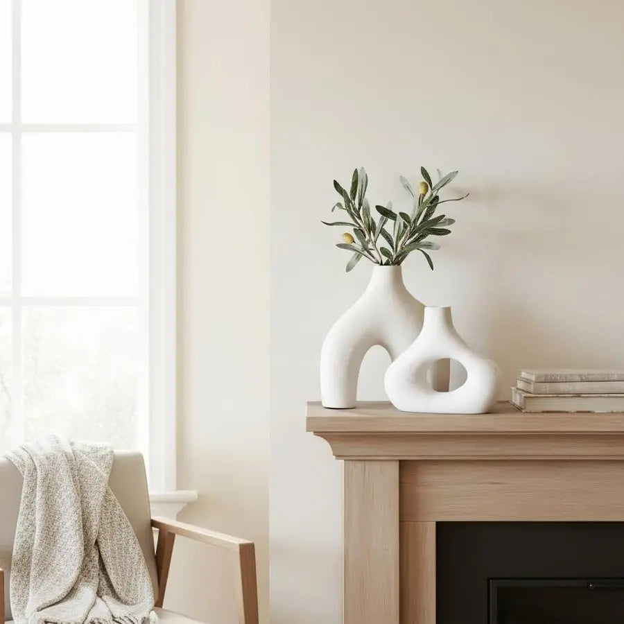 Donut Vase, Set of 2 White Large Ceramic Vase Minimalist Nordic, Hollow Table Centerpiece, Olive Plant, Wedding, Living Room