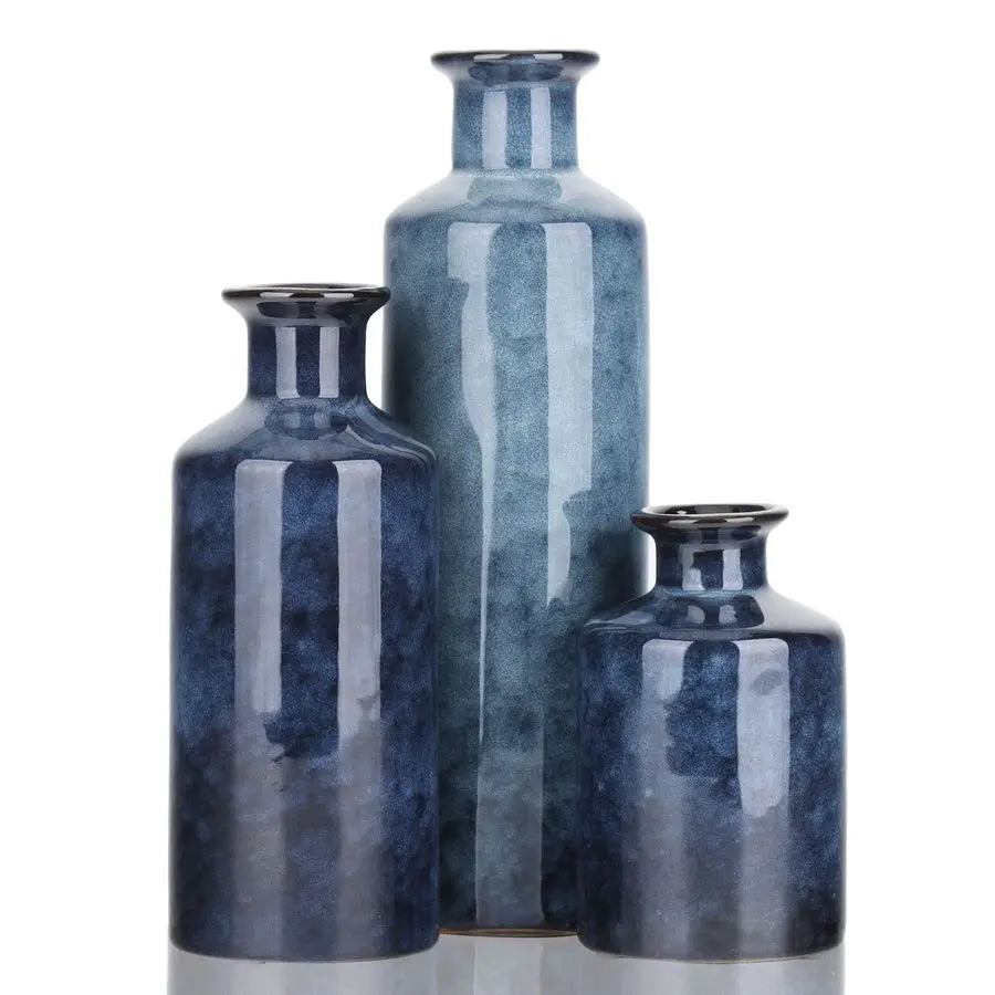 Ceramic Vase Set 3 Blue Small Vases, Farmhouse Country Flower Vase Home Decor, Living Room Decoration, Table Decoration, Firepla