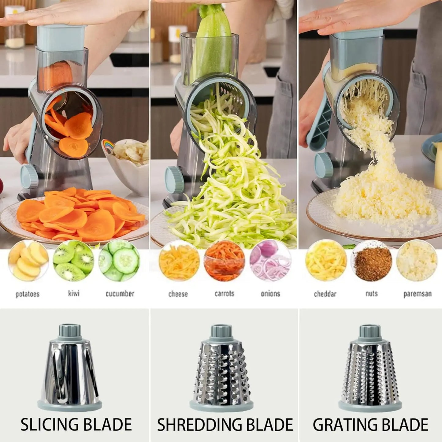 3-in-1 Hand Crank Rotary Cheese Grater with Interchangeable Blades, Non-Slip Base, Multifunctional Vegetable Slicer & Shredder for Kitchen