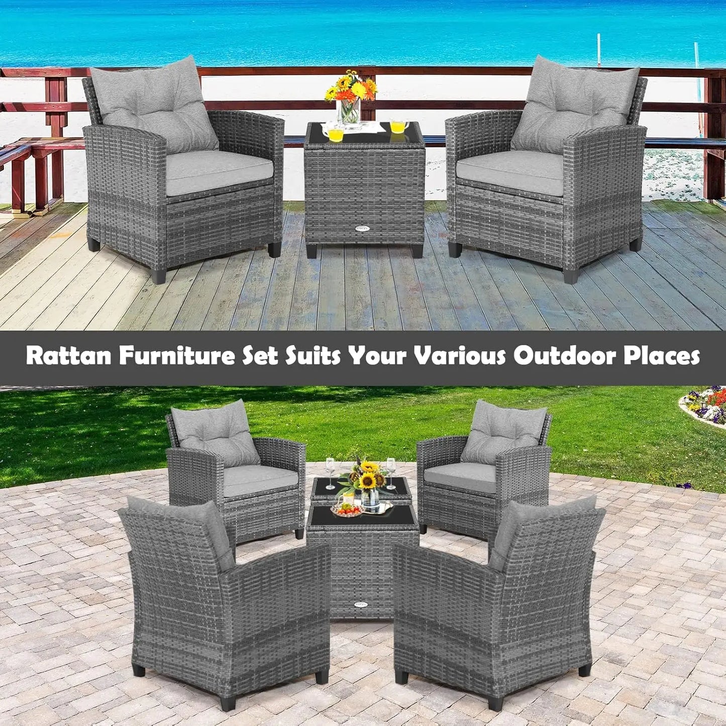 3 Pieces Patio Furniture Set, Outdoor PE Rattan Conversation Chair Set with Tempered Glass Side Table, Customized