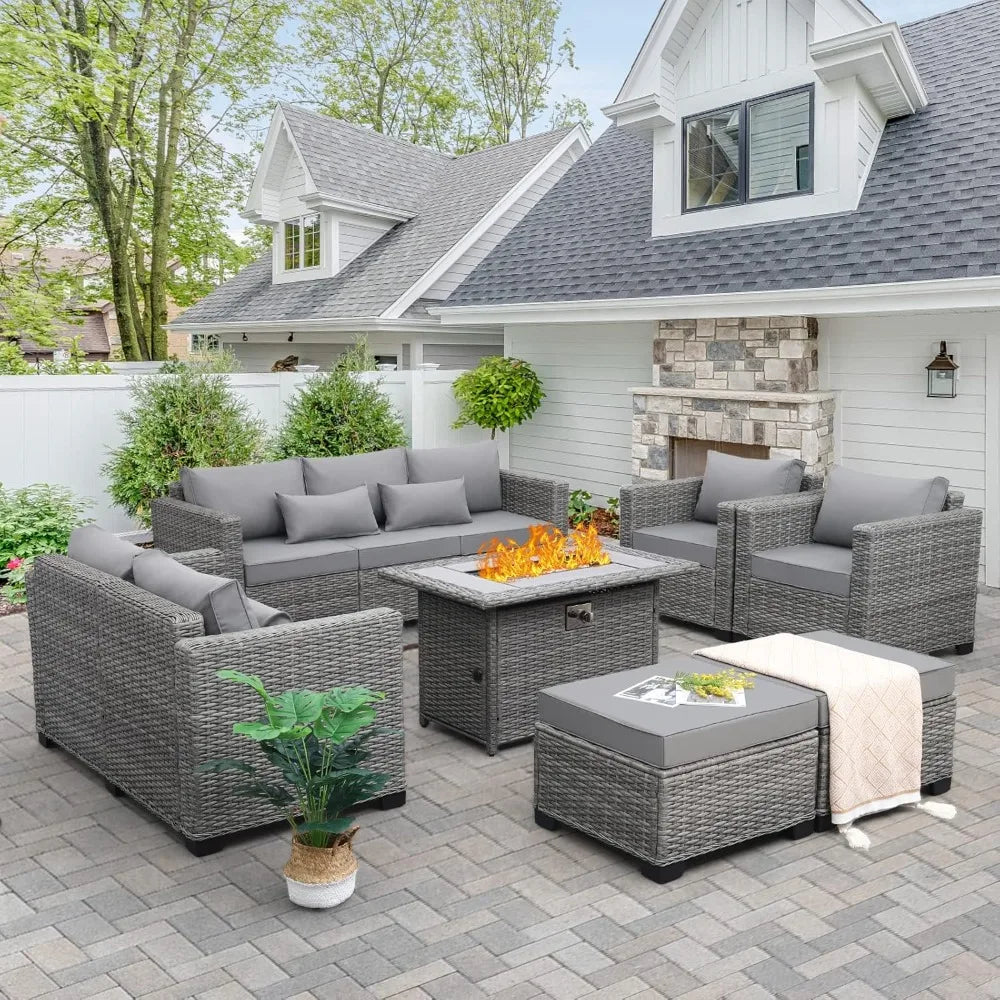 60000 BTU Wicker Gas Fire Pit Outdoor Fire Pit Table 45 Inch for Outside with Woodgrain Marble Tabletop Fire Pit Cover