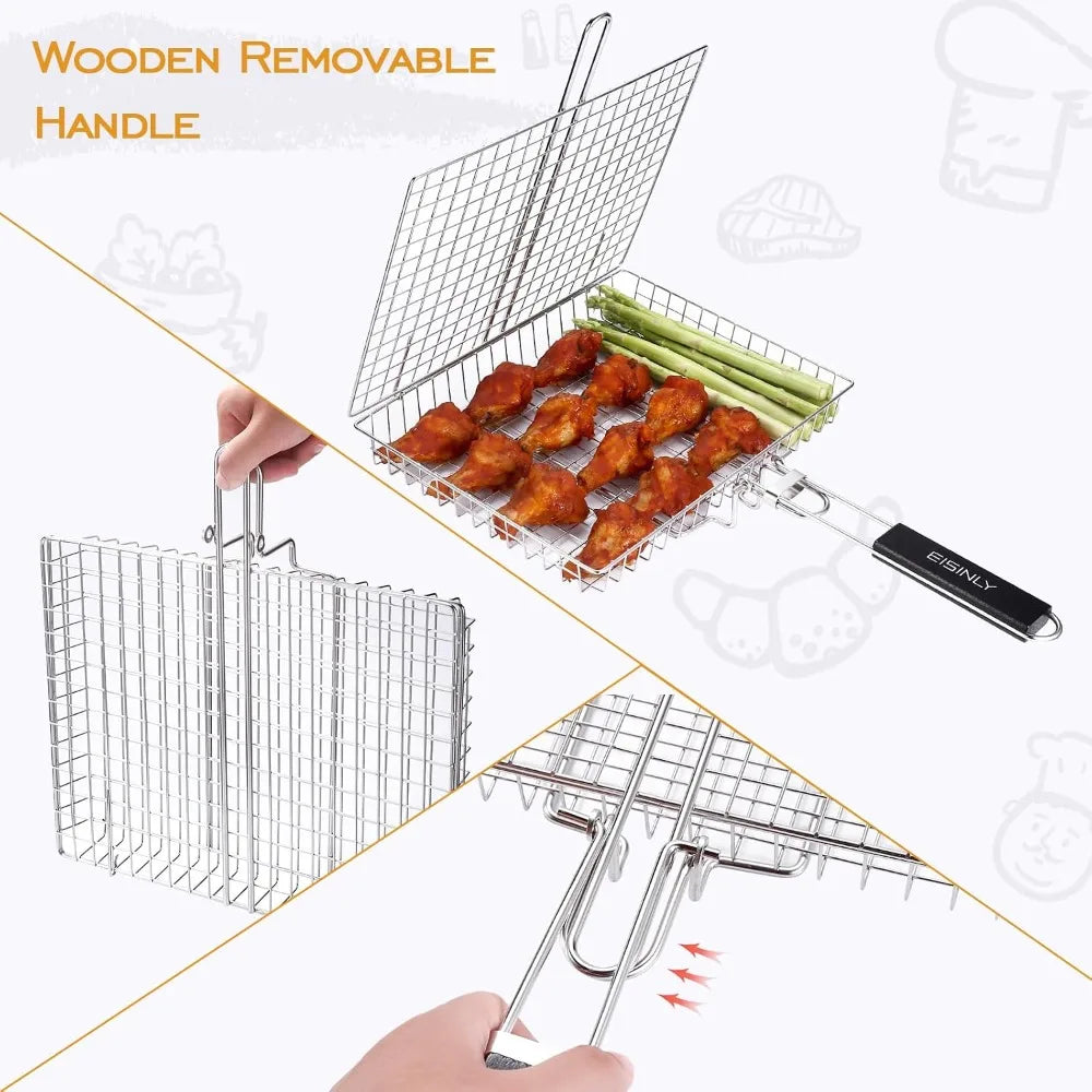 Portable Grill Basket, BBQ Grilling Basket with Removable Handle, Stainless Steel Camping Cooking Accessories for Chicken Fish Vegetable