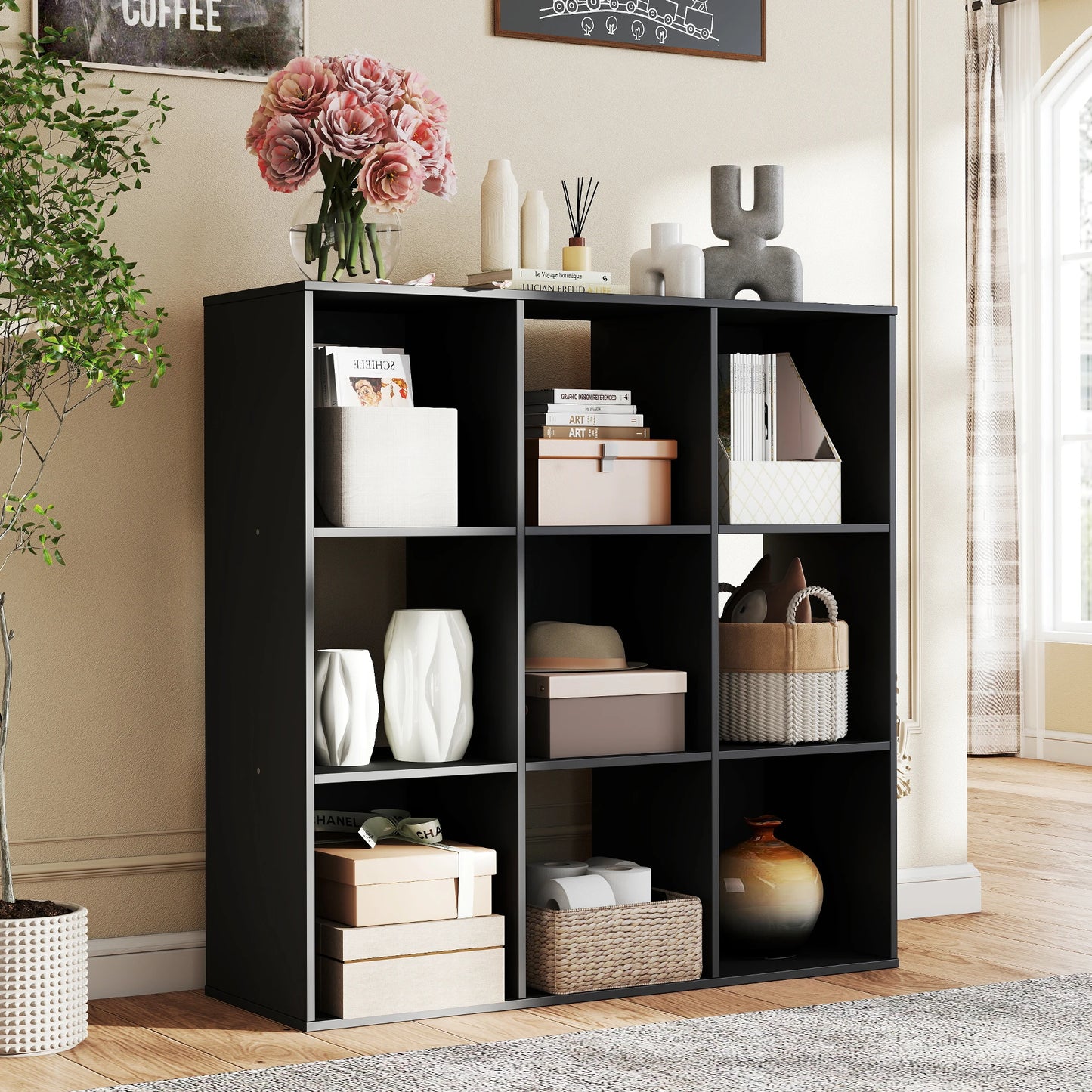 JHK 9 Cube Storage Organizer Wooden Shelf Bookcase Open Bookshelf for Living Room and Home Office Display Storage Bookcase