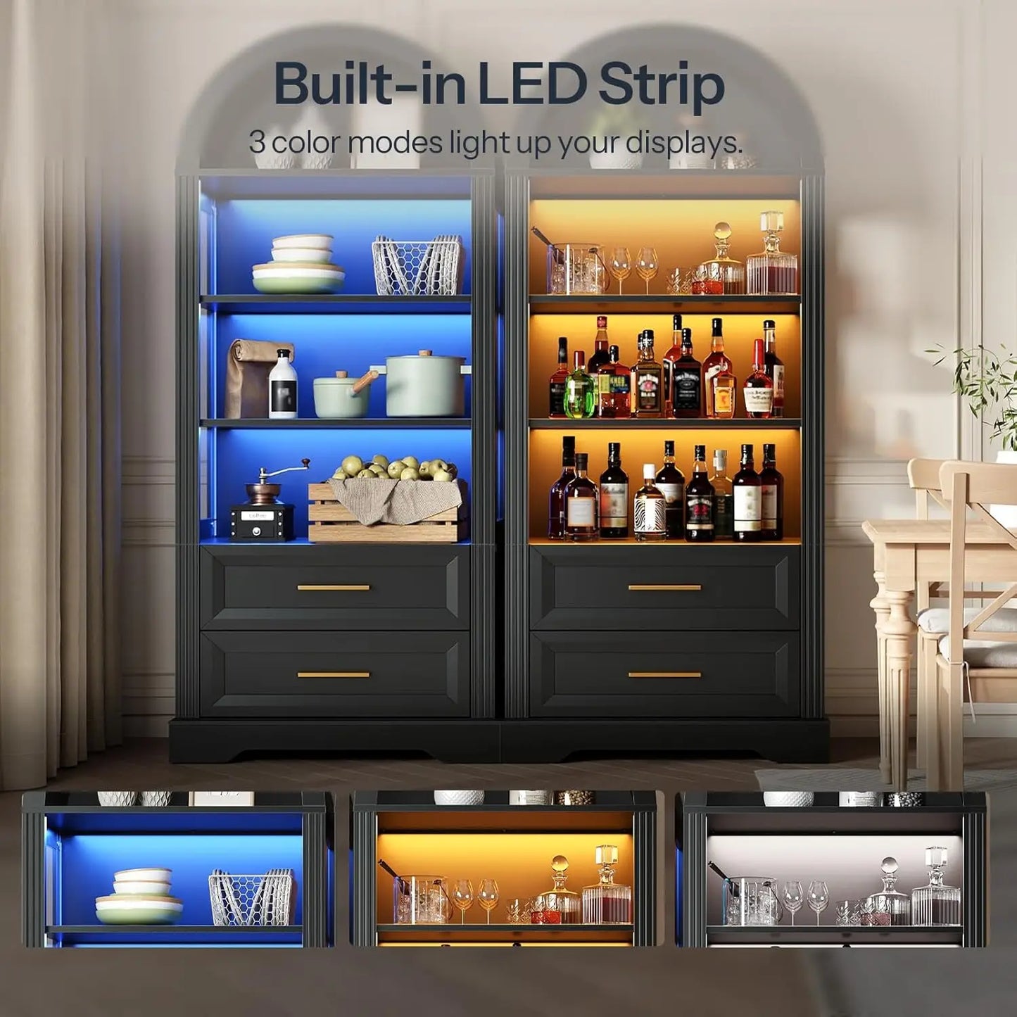 66.9" Tall Arched Bookcase, Wooden Display Cabinet with Lights, Farmhouse Arched Bookshelf with 2 Drawers, Open, Customized