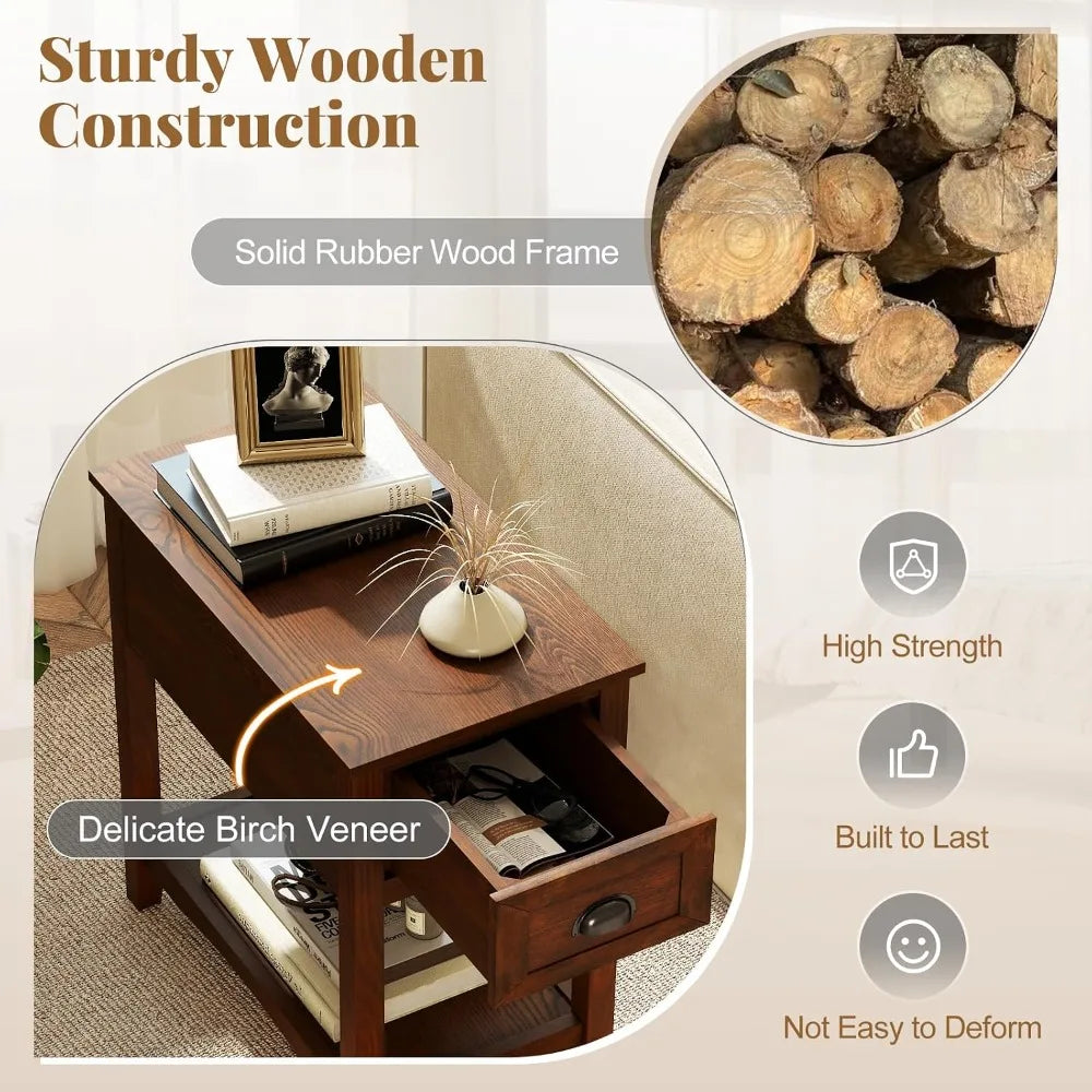 Retro Narrow End Table Set of 2, Solid Wood Nightstand with Drawer & Storage Shelf Bedroom Bedside Table, Custom