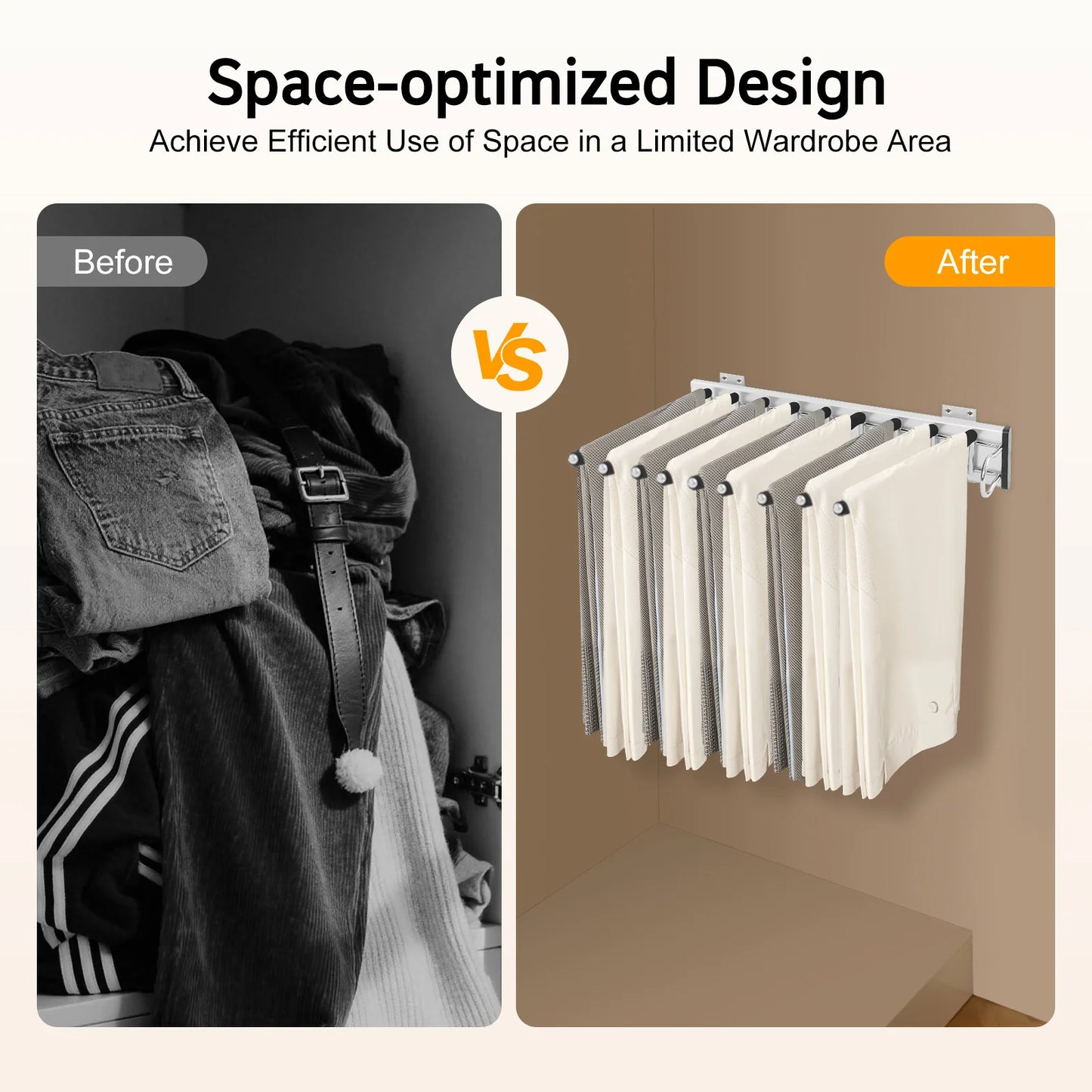 9-Rod Wall Mount Pants Rack 16kg Load Silent Push-Pull Slide Flocking Coating for Pants Ties Scarves Closet Organizer