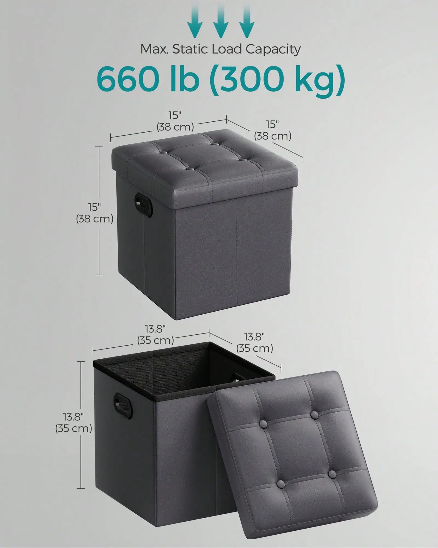 SONGMICS 15 Inches Folding Storage Ottoman, Cube Footrest, Puppy Step, Coffee Table With Hole Handles, Max. Static Load 660 Lb,