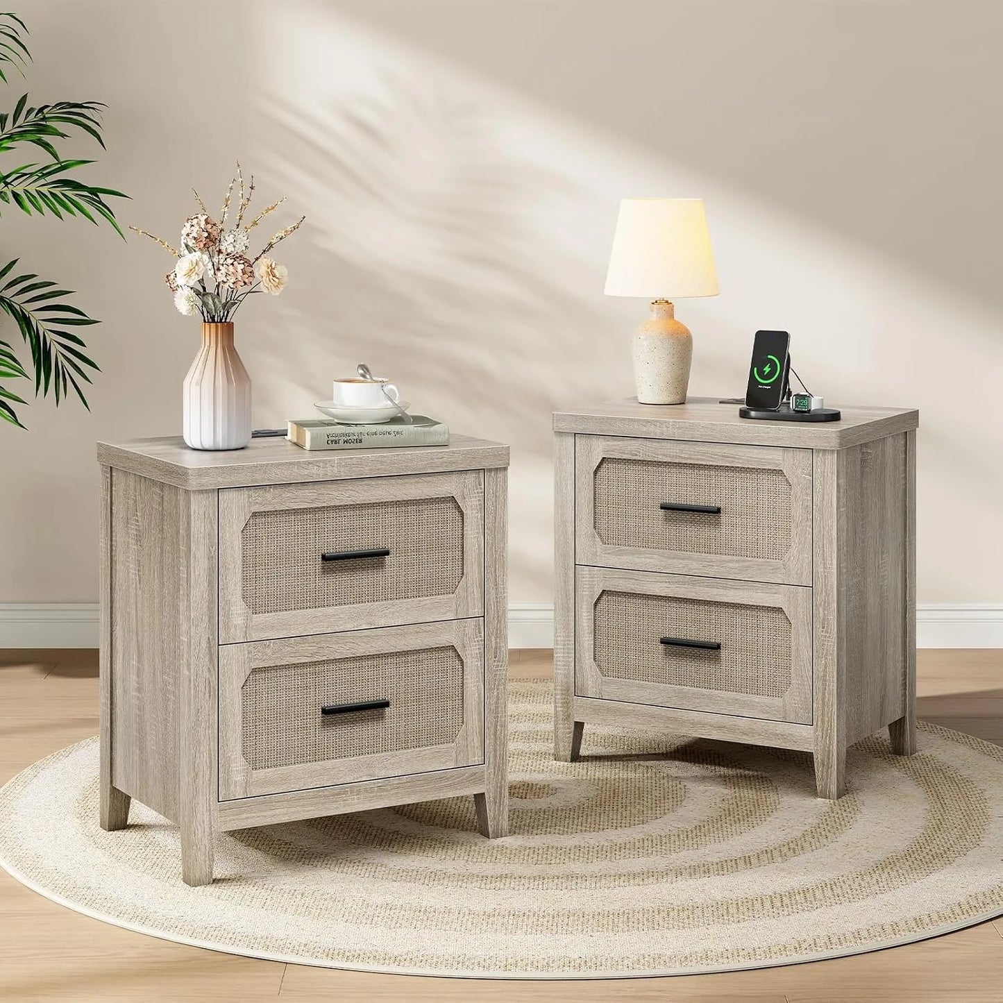 2 Pack 22in Rattan Nightstands Charging Station 2 Storage Drawers Metal Handle Bedroom Bedside Table, Customized