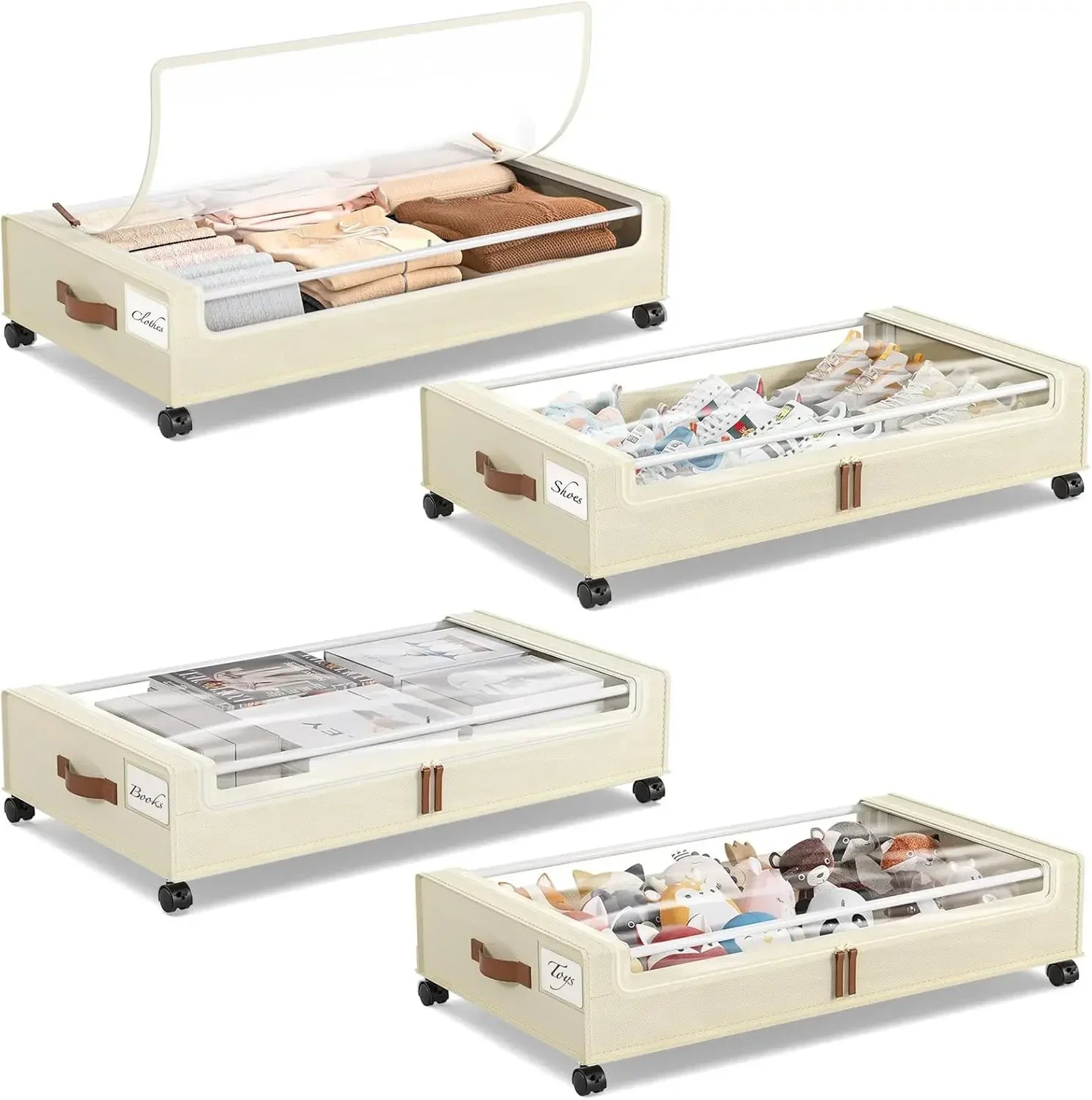 4 Pack Under Bed Storage with Wheels, Under Bed Storage Containers with Lids, Large Under Bed Rolling Storage with Clear Window