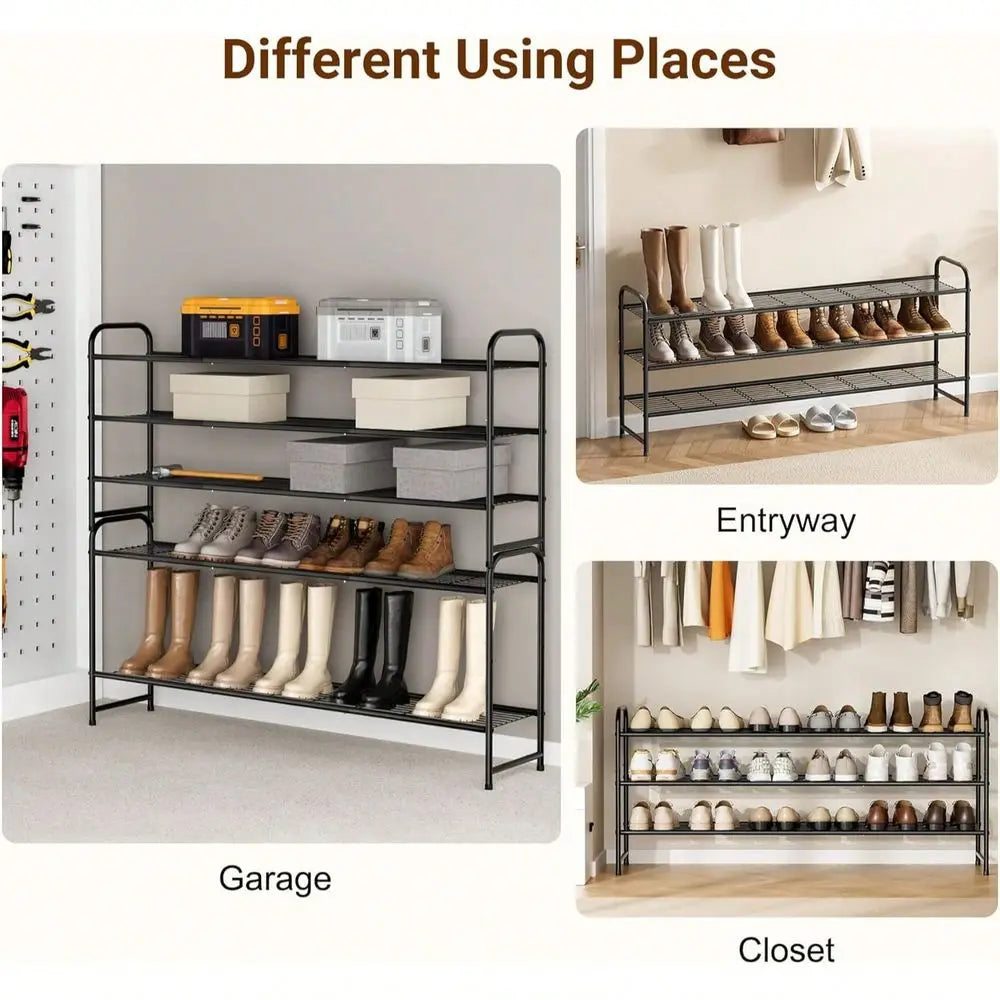 3-Tier Long Shoe Rack For Closet Entryway, Wide Metal Shoe Organizer, Stackable Storage Shelf With Sturdy Wire Grid For Bedroom
