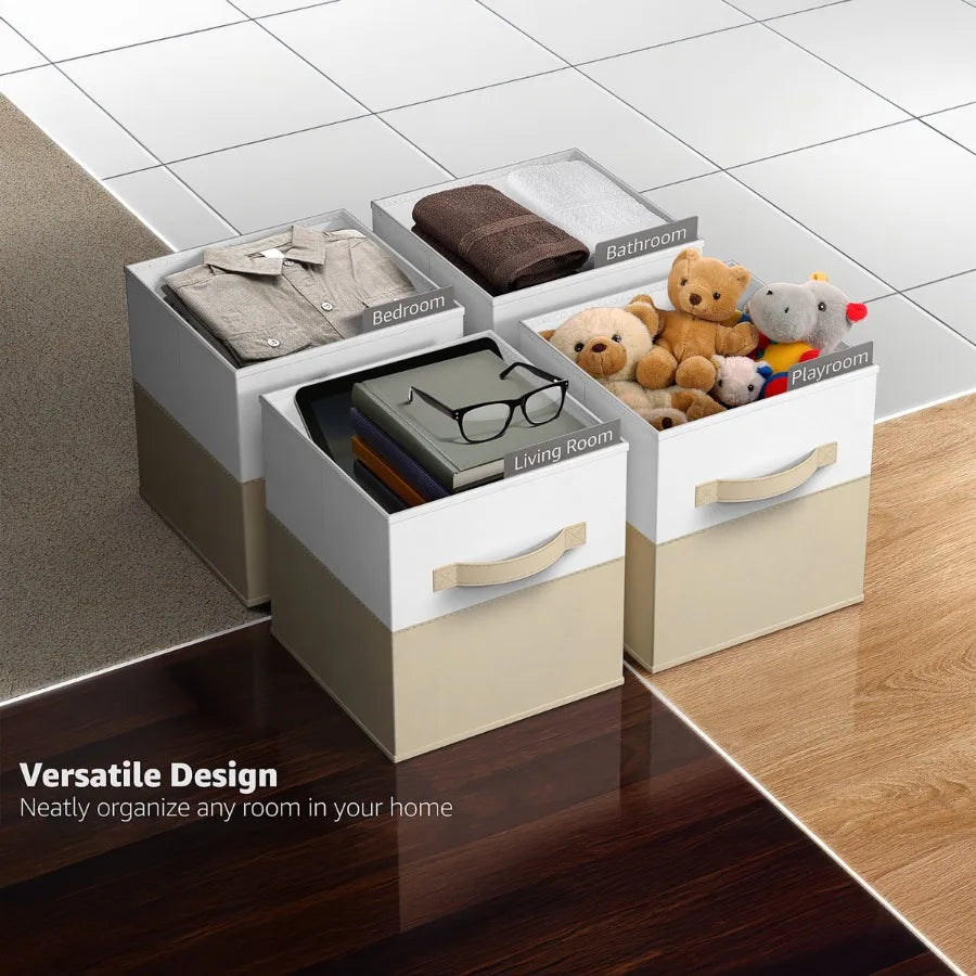11 Foldable Storage Cubes 6-Pack Beige White Fabric Bins for Closet Shelves Cubby Organizer Collapsible Cloth Baskets Home Orga