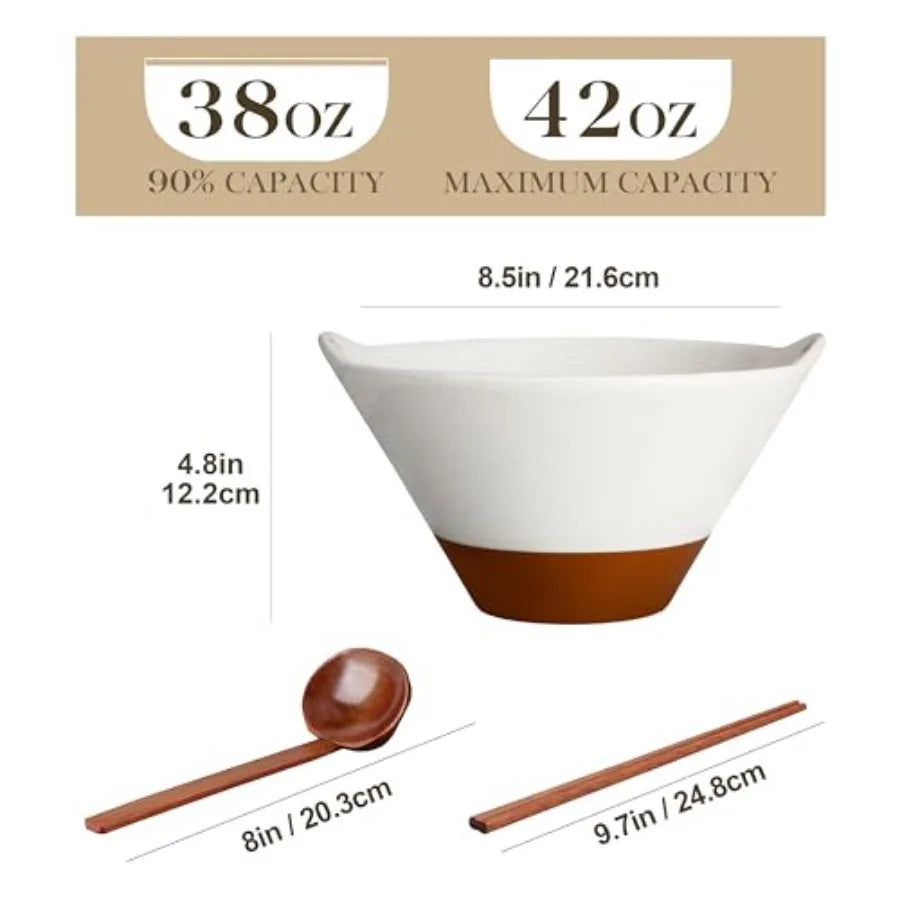 42 oz Ceramic Ramen Bowl Set with Wooden Spoon and Chopsticks Japanese Style Soup Bowls for Ramen Pho Noodles Set of 2 Microwav
