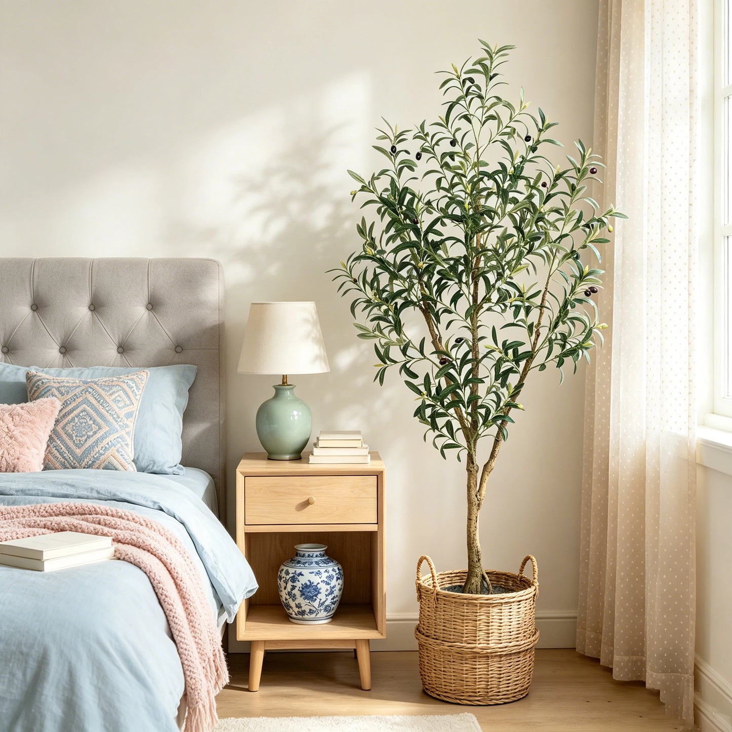 Olive Trees Artificial Indoor, 5.25/6.10/7.10FT Tall Faux Olive Tree with Black Pot, Artificial Plants with Natural Wood Trunk and Lifelike Fruits for Home Office Decor