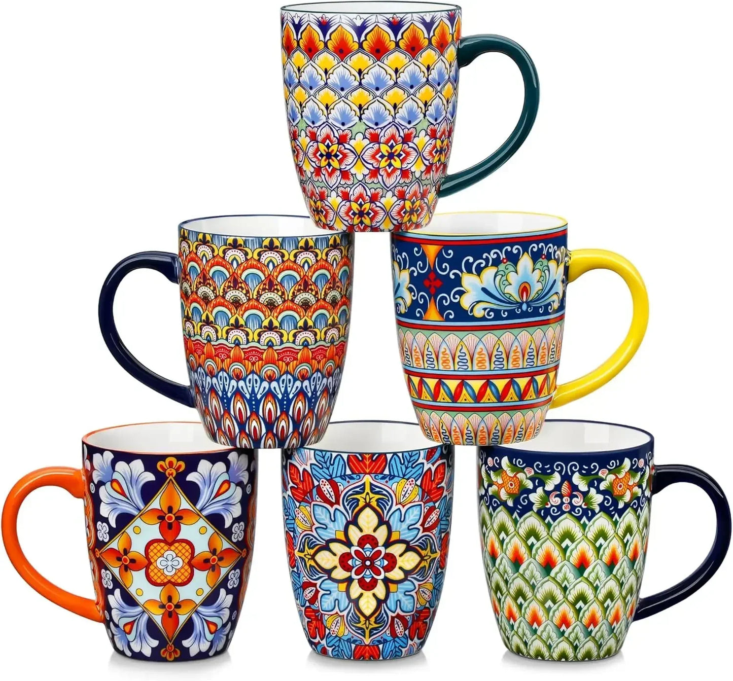 16 oz Coffee Mugs Set of 6, Large Ceramic Mug with Handle, Boho Coffee Cups for Latte, Cappuccino & Hot Chocolate, Dishwasher &