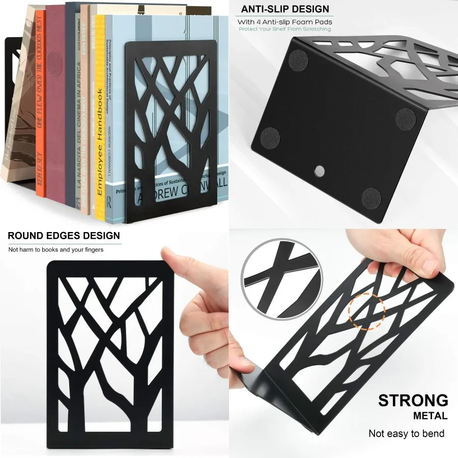 MaxGear Book Ends Tree Design Modern Bookends for Shelves Non-Skid Bookend Heavy Duty Metal Book Stopper for Books/DVDs Decorat