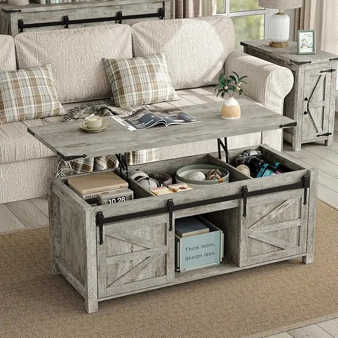 47.3-inch Farmhouse-style Coffee Table with Sliding Barn Door, Modern Wooden Height-adjustable Coffee Table,Customizable
