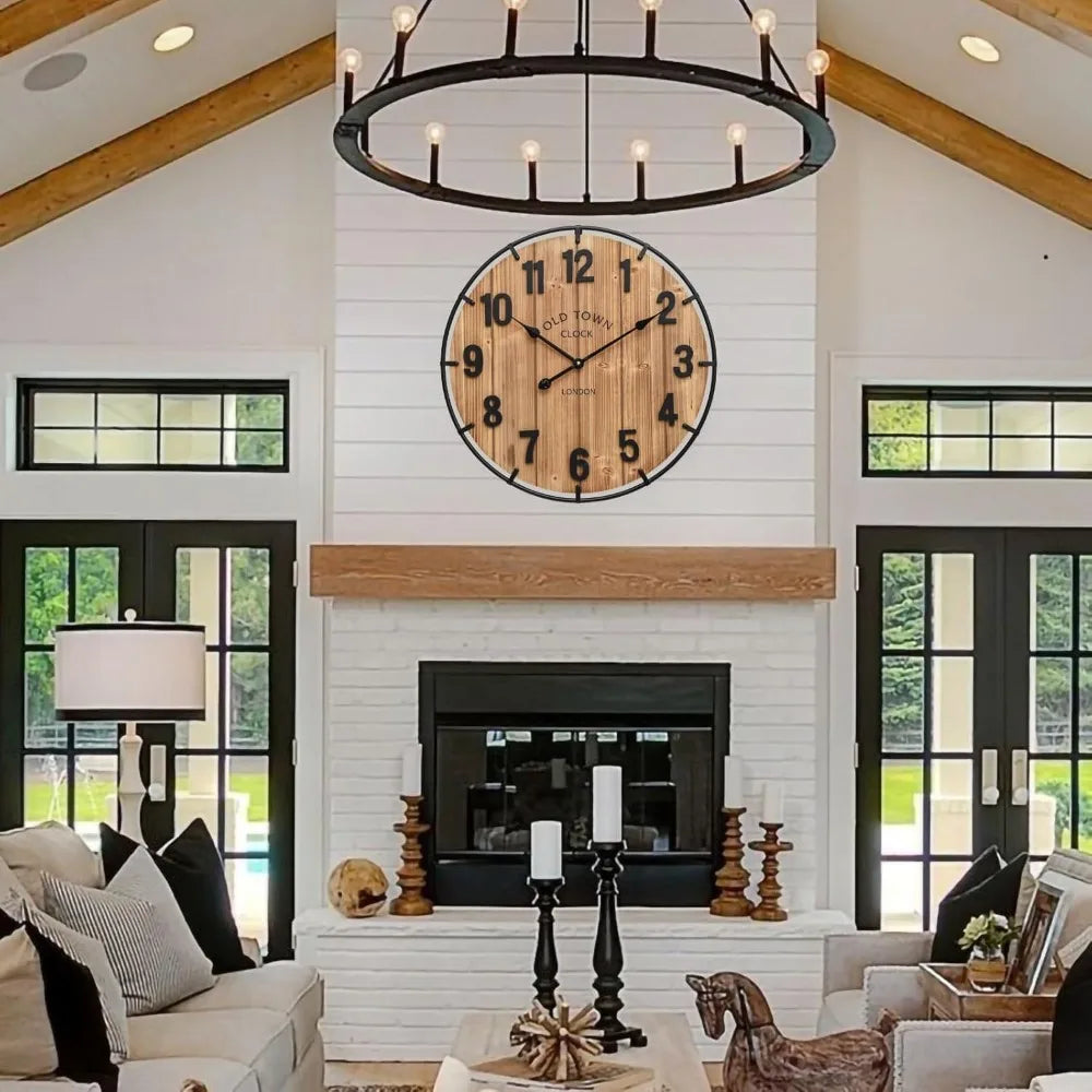 24 Inch Rustic Farmhouse Wall Clock, Silent Battery Operated, Large Numerals, Wood & Metal, for Living Room, Kitchen, Office