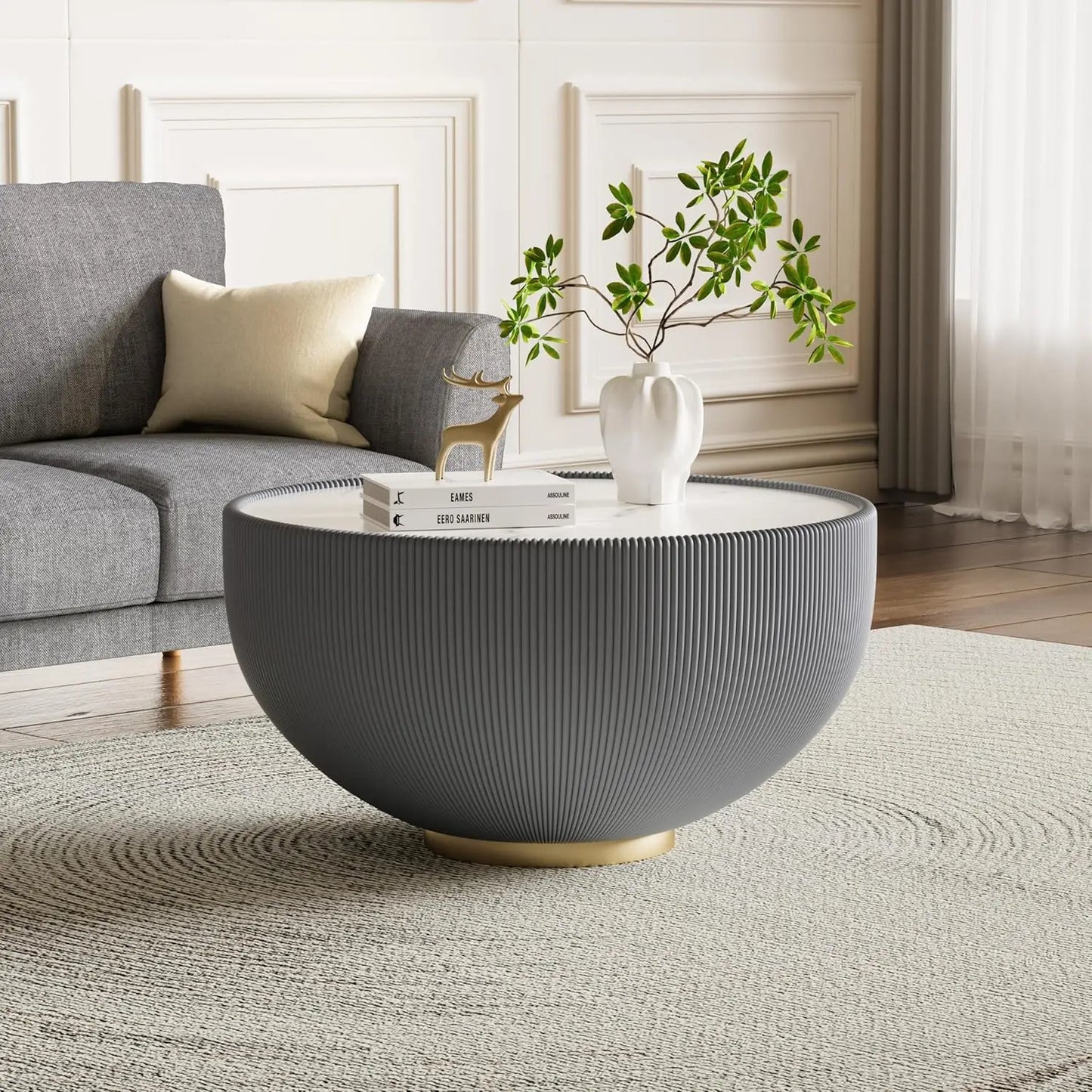 Round Grey 2-Piece Coffee Table Set 29.5in & 17.7in Sintered Stone Top Fluted PU Leather Base Living Room, Customized