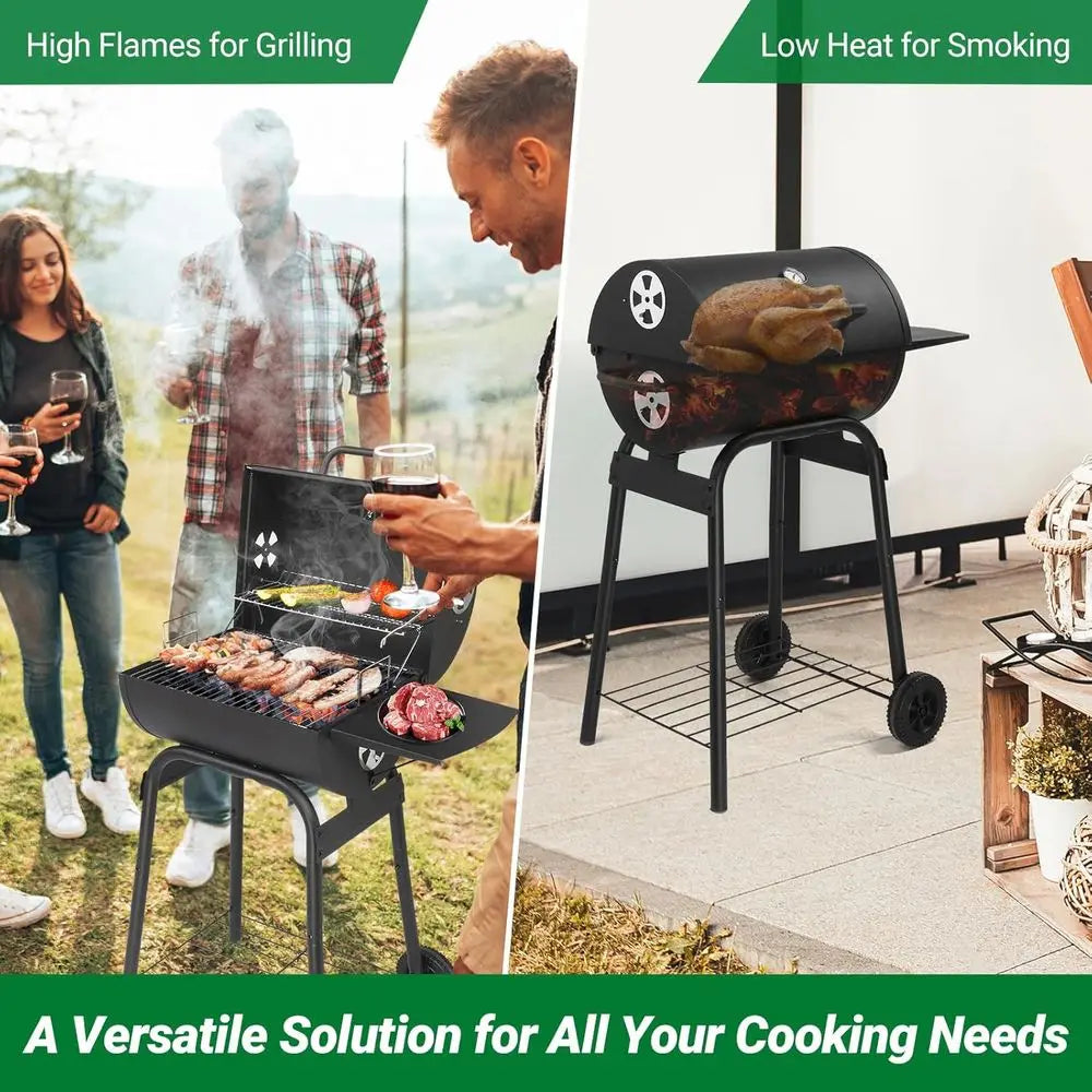 Barrel Charcoal Grill with Side Table, BBQ Grill Outdoor Smoker Grill with Wheels for Party Garden Patio and Backyard Cooking 33