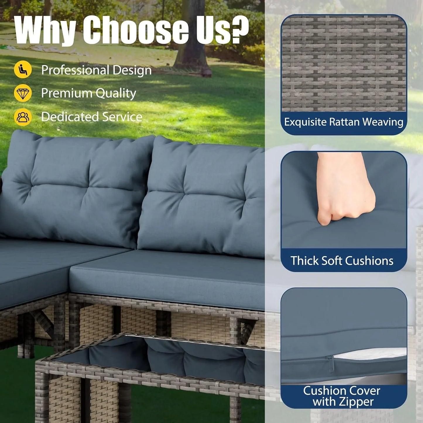 3 Piece All Weather Wicker Patio Conversation Set with Cushions and Glass Table Blue