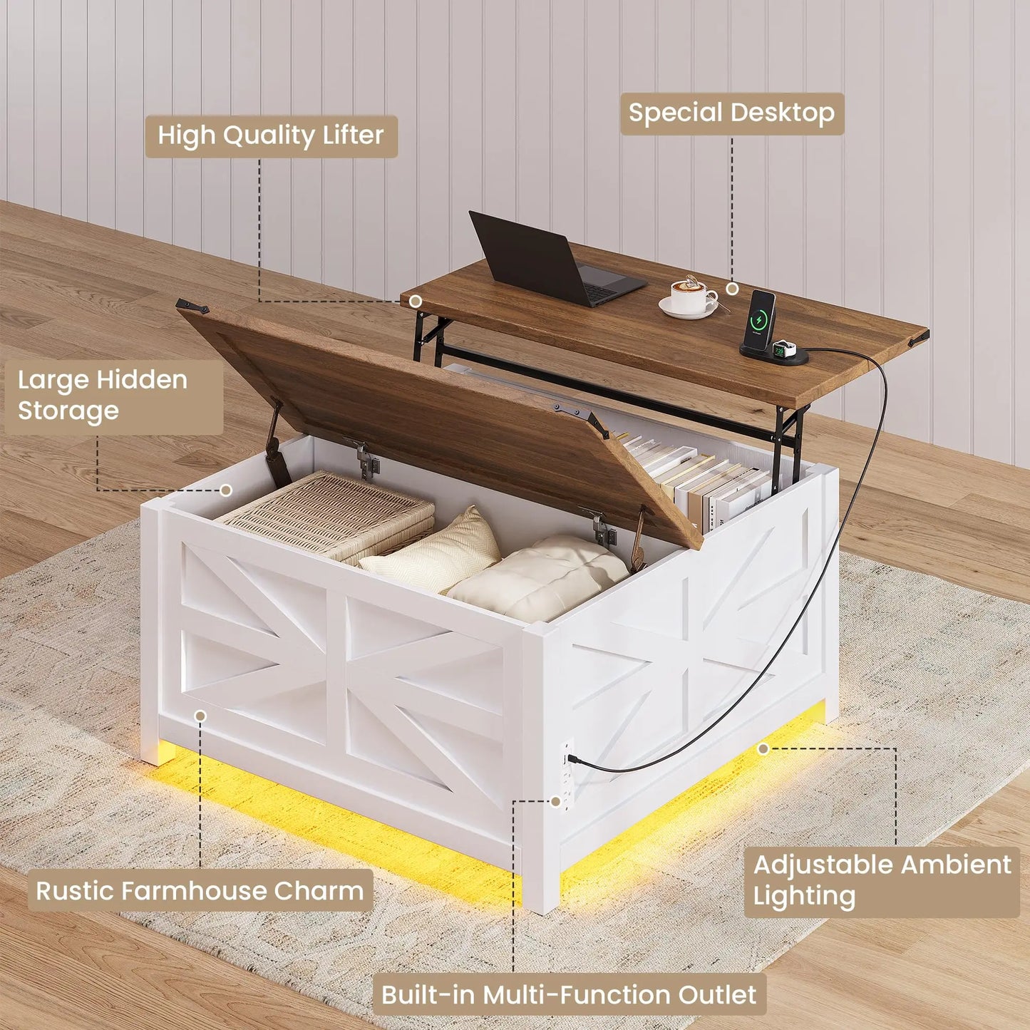 White Farmhouse Lift-Top Coffee Table With Storage Compartment, Built-In Outlet, And Adjustable Height Surface