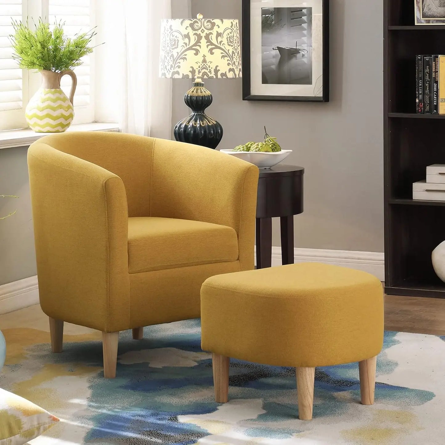 Mid Century Accent Chair & Ottoman Small Barrel Armchair with Footrest for Living Room Bedroom Linen Fabric Wood Legs, Customize
