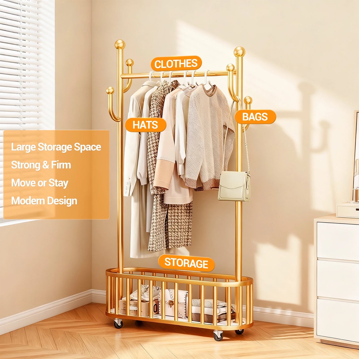 Clothes Rail Movable Clothes Hanging Coat Rack with Storage Basket for Hanging Clothes Coats Dresses for Bedroom Closet Laundry