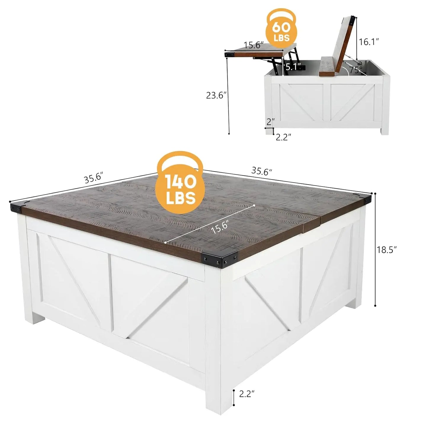 Farmhouse Lift Top Coffee Table with Storage, Wood Square Center Table with Charging Station&USB Port, Living Room, Custom