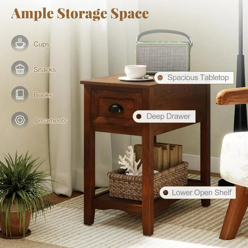 Retro Narrow End Table Set of 2, Solid Wood Nightstand with Drawer & Storage Shelf Bedroom Bedside Table, Custom