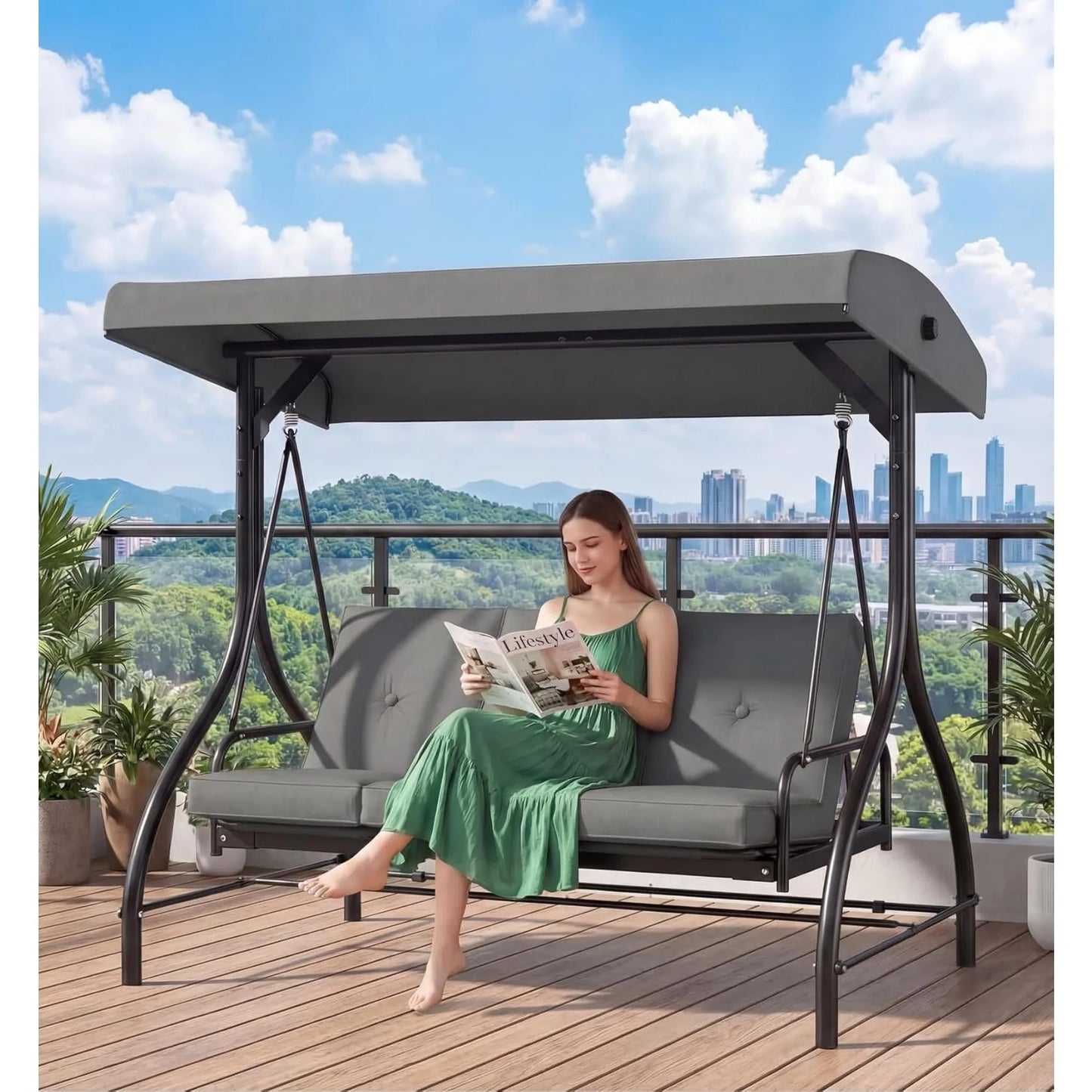 3-Seat Patio Swing with Adjustable Canopy & Backrest, Outdoor Porch Swing Chair for Adults
