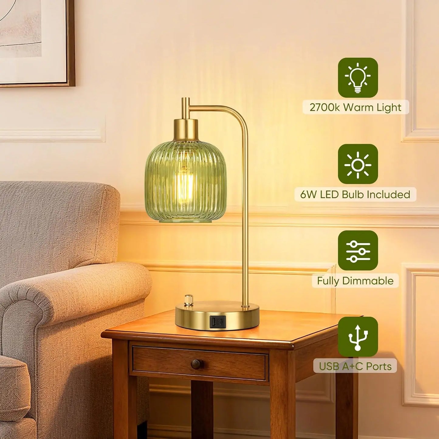 Industrial Table Lamp Set of 2, Green Glass Bedside Lamps with USB A&C Ports, Stepless Dimmable Gold Nightstand Lamps for Living