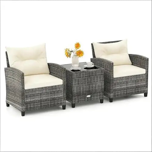 Patio Furniture, 3 Pieces Outdoor Wicker Conversation Set Chairs with Soft Cushions and Glass Coffee Table, Rattan