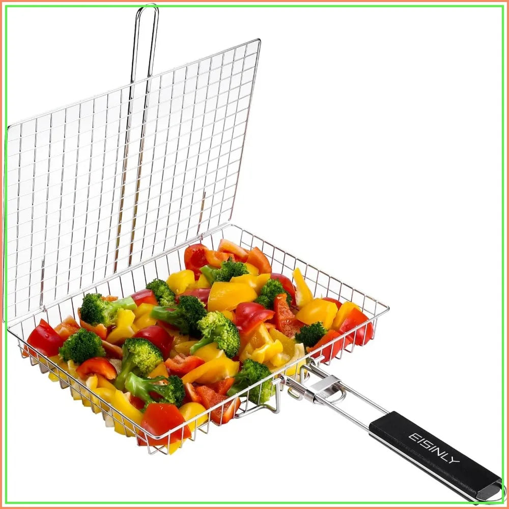 Portable Grill Basket, BBQ Grilling Basket with Removable Handle, Stainless Steel Camping Cooking Accessories for Chicken Fish Vegetable