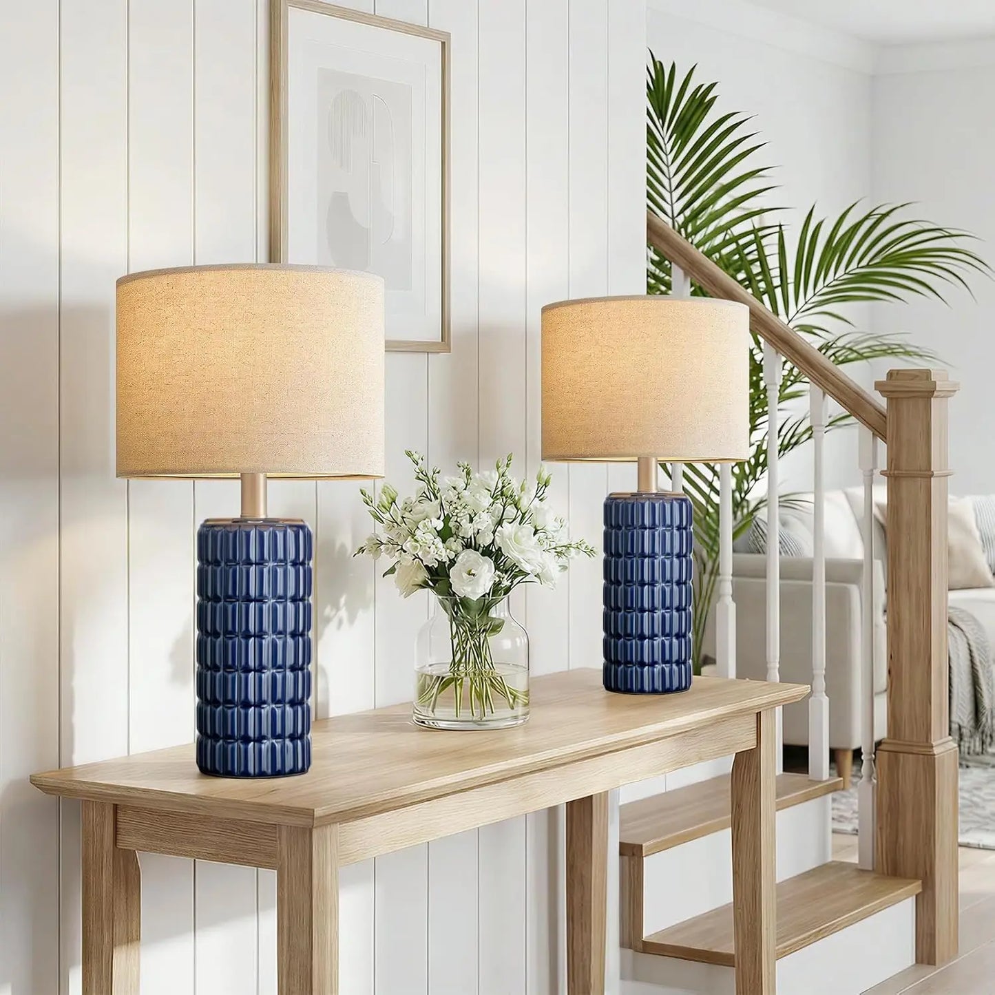 23" Modern Ceramic Table Lamps Set of 2 - Farmhouse Bedside Nightstand Lamps for Living Room with Linen Shade, White Boho Desk