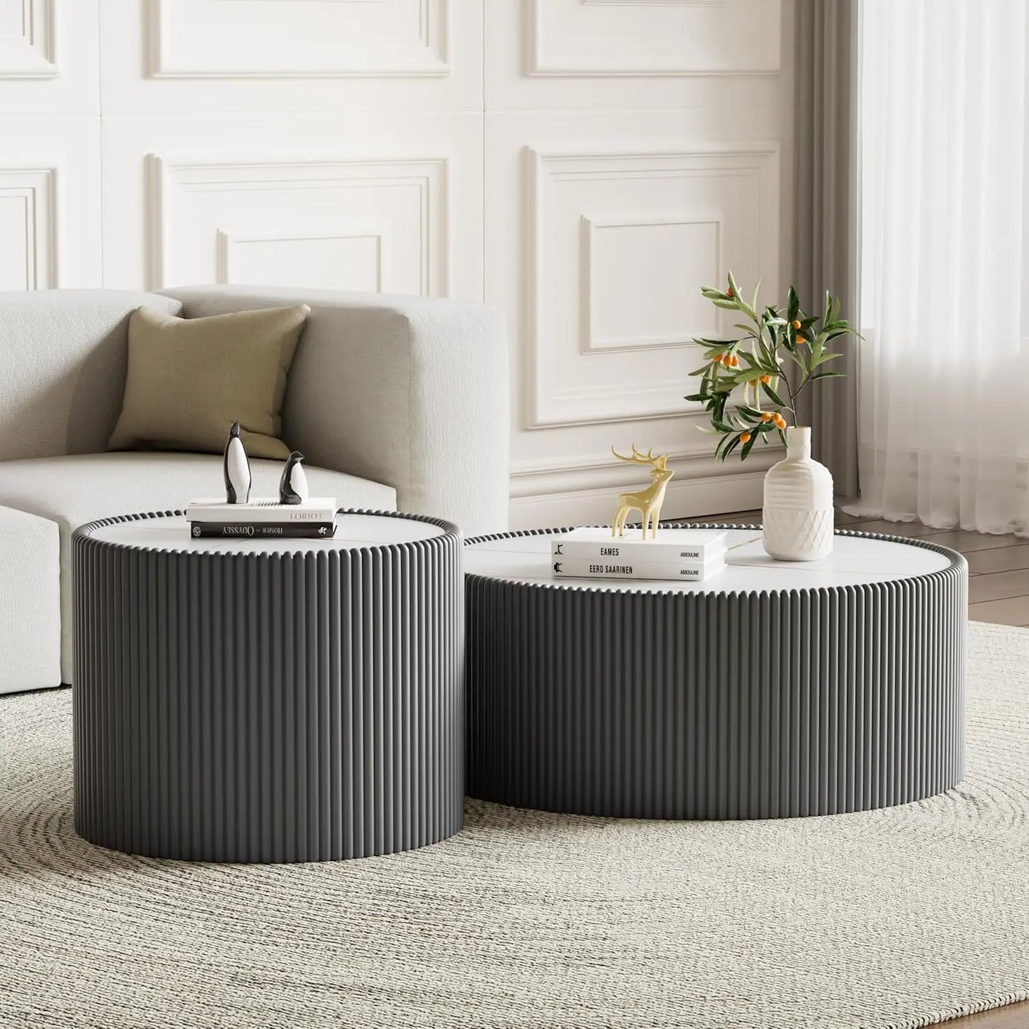 Round Grey 2-Piece Coffee Table Set 29.5in & 17.7in Sintered Stone Top Fluted PU Leather Base Living Room, Customized