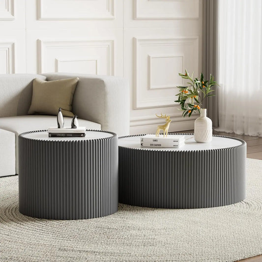 Round Grey 2-Piece Coffee Table Set 29.5in & 17.7in Sintered Stone Top Fluted PU Leather Base Living Room, Customized