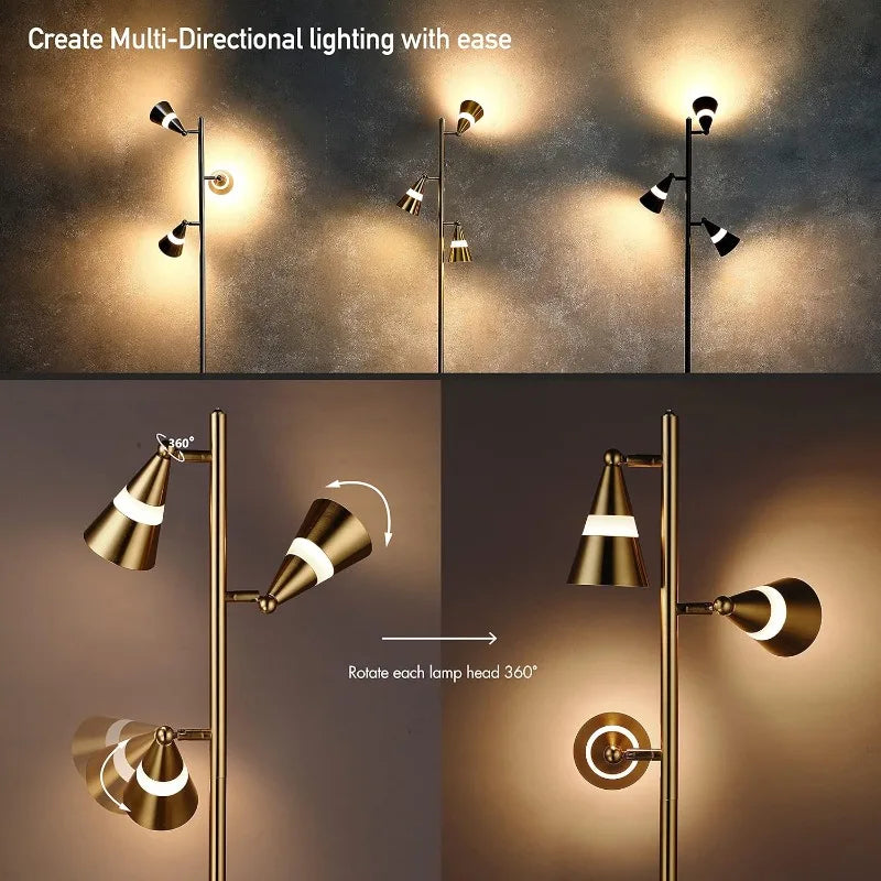 O’Bright Ash - 3-Light LED Tree Floor Lamp, Dimmable 3-Head LED, Multidirectional Standing lamp, Adjustable Multi-Shade,