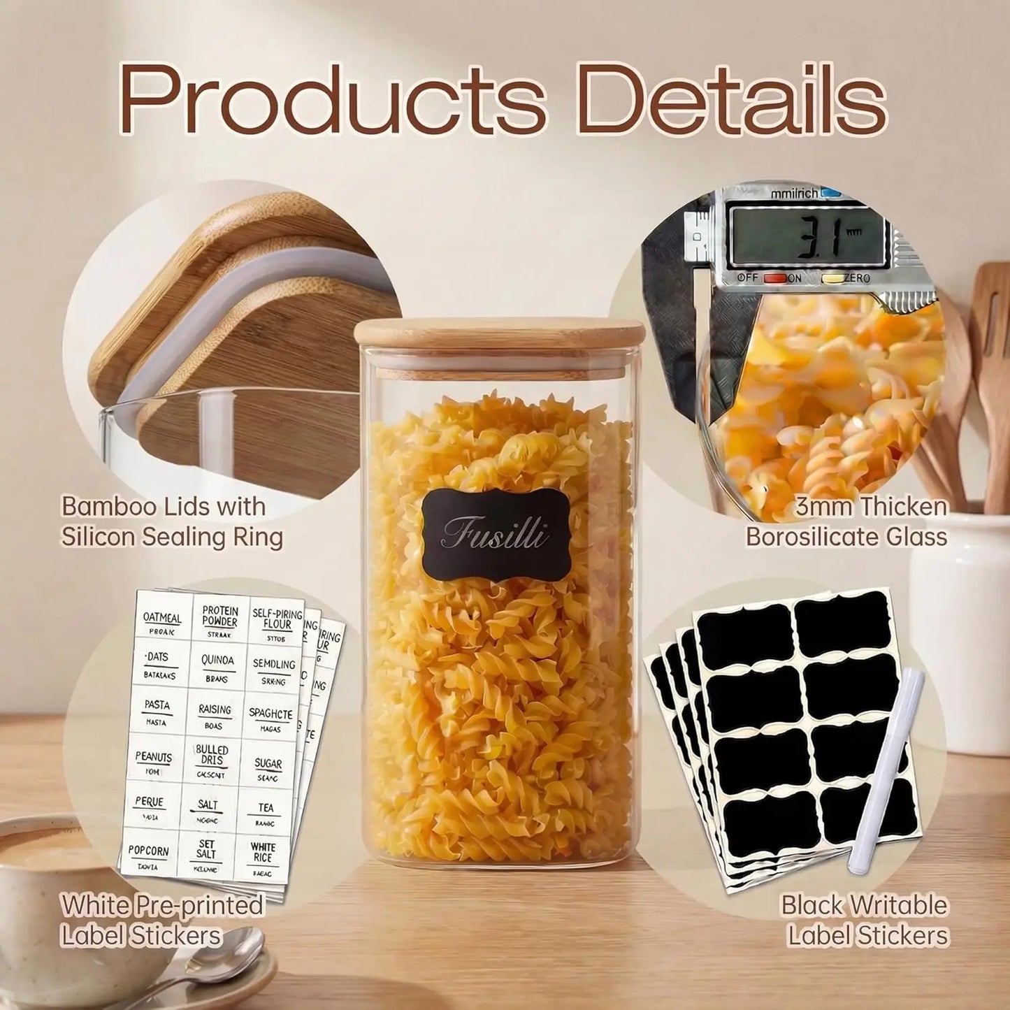 3 Pack Square Glass Jars with Bamboo Lids for Kitchen Pantry Storage Cereal Pasta Rice