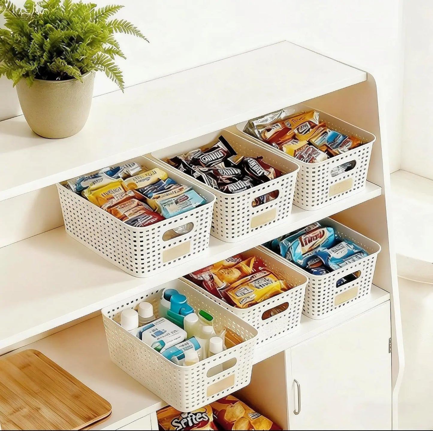 6Pcs Storage Bins with Lids, Stackable Plastic Basket with Bamboo Lid, Pantry Organizer for Shelves Drawer Desktop Closet