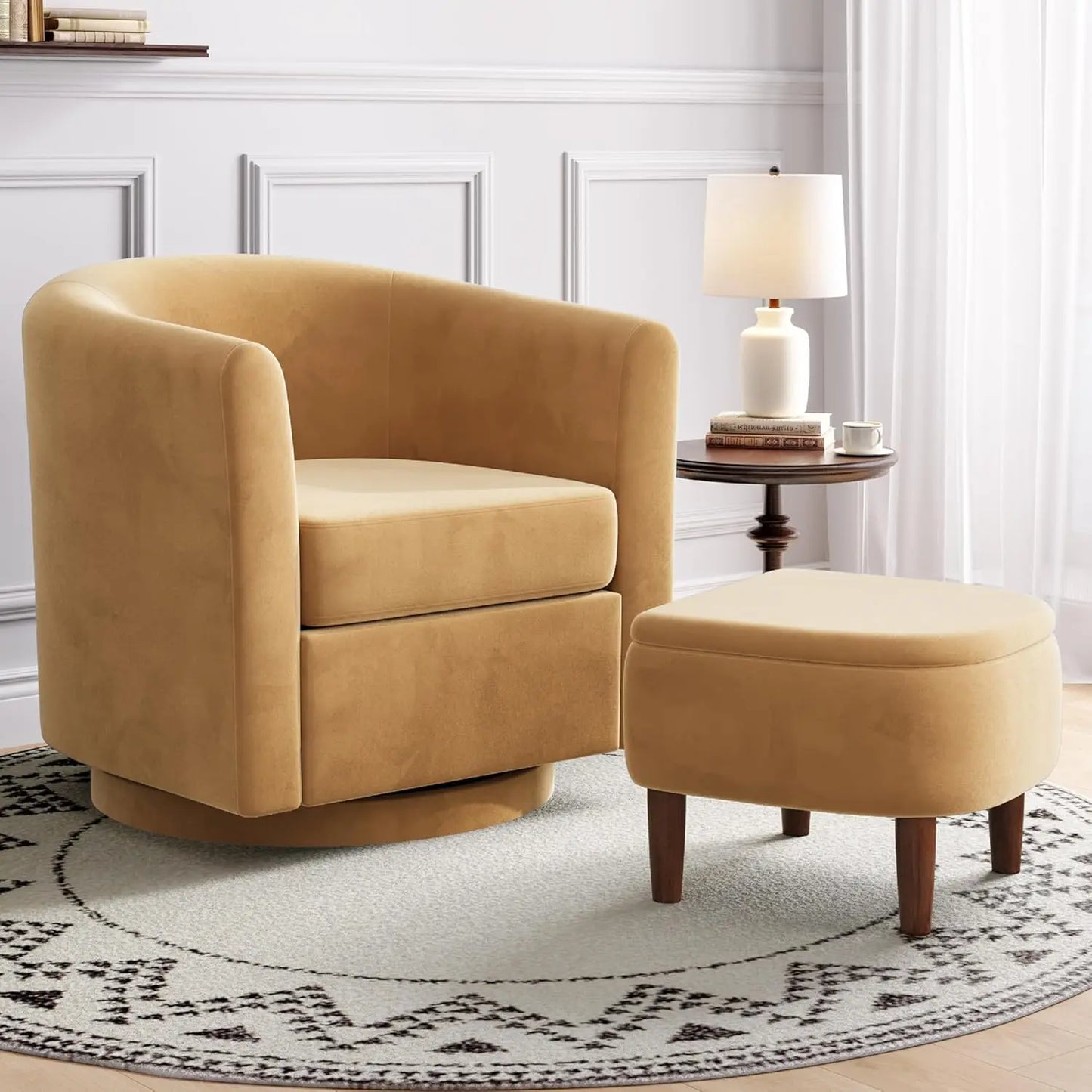 Swivel Accent Chair with Storage Ottoman, Small Modern Velvet Barrel Chair, Upholstered Armchair with Footrest for, Customized