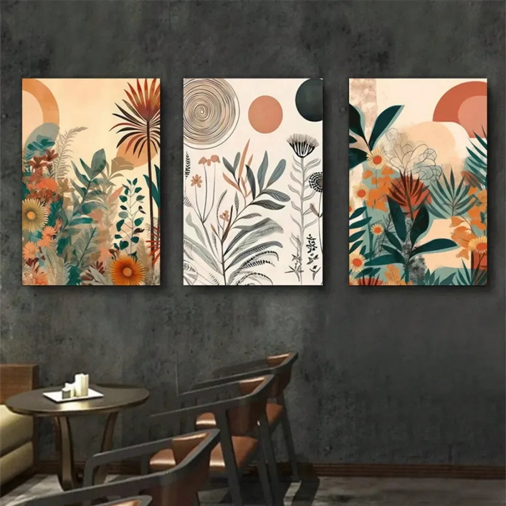 Set Wooden Framed Canvas Poster, Flower Wall Art Boho Floral Canvas Poster Mid Century Modern Canvas Painting Neutral Simple Pa