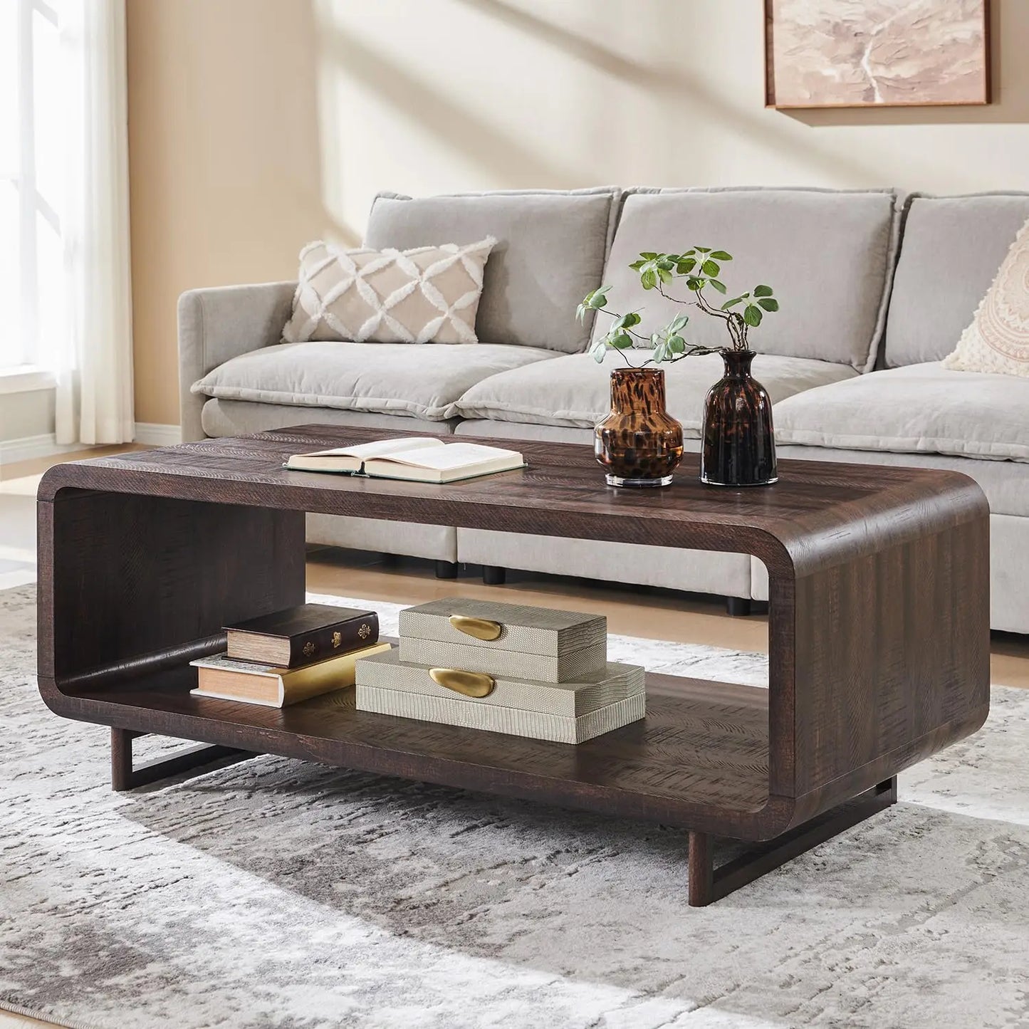 48" Modern Coffee Table, 2-Tier Minimalist Center Table with Storage Shelf, Curved Profile Design, Wooden, Customized