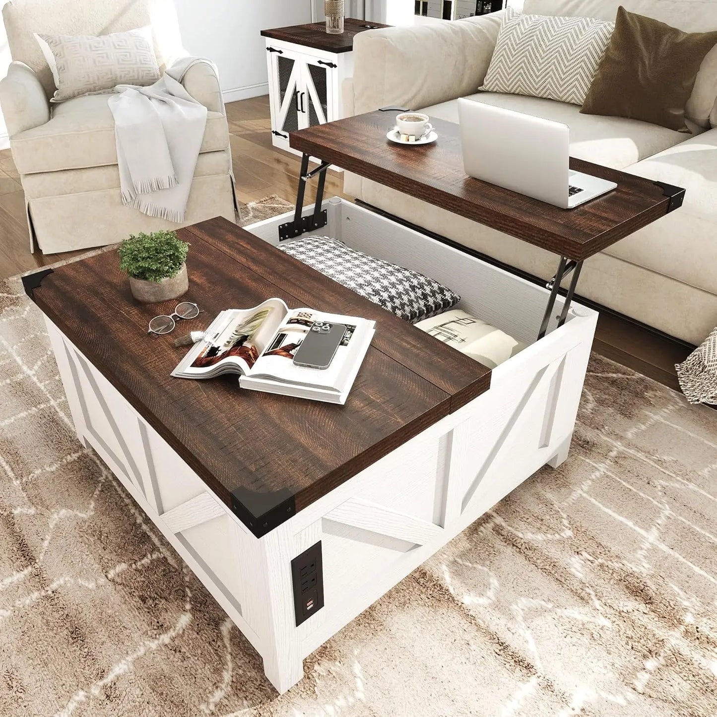 Farmhouse Lift Top Coffee Table with Storage, Wood Square Center Table with Charging Station&USB Port, Living Room, Custom