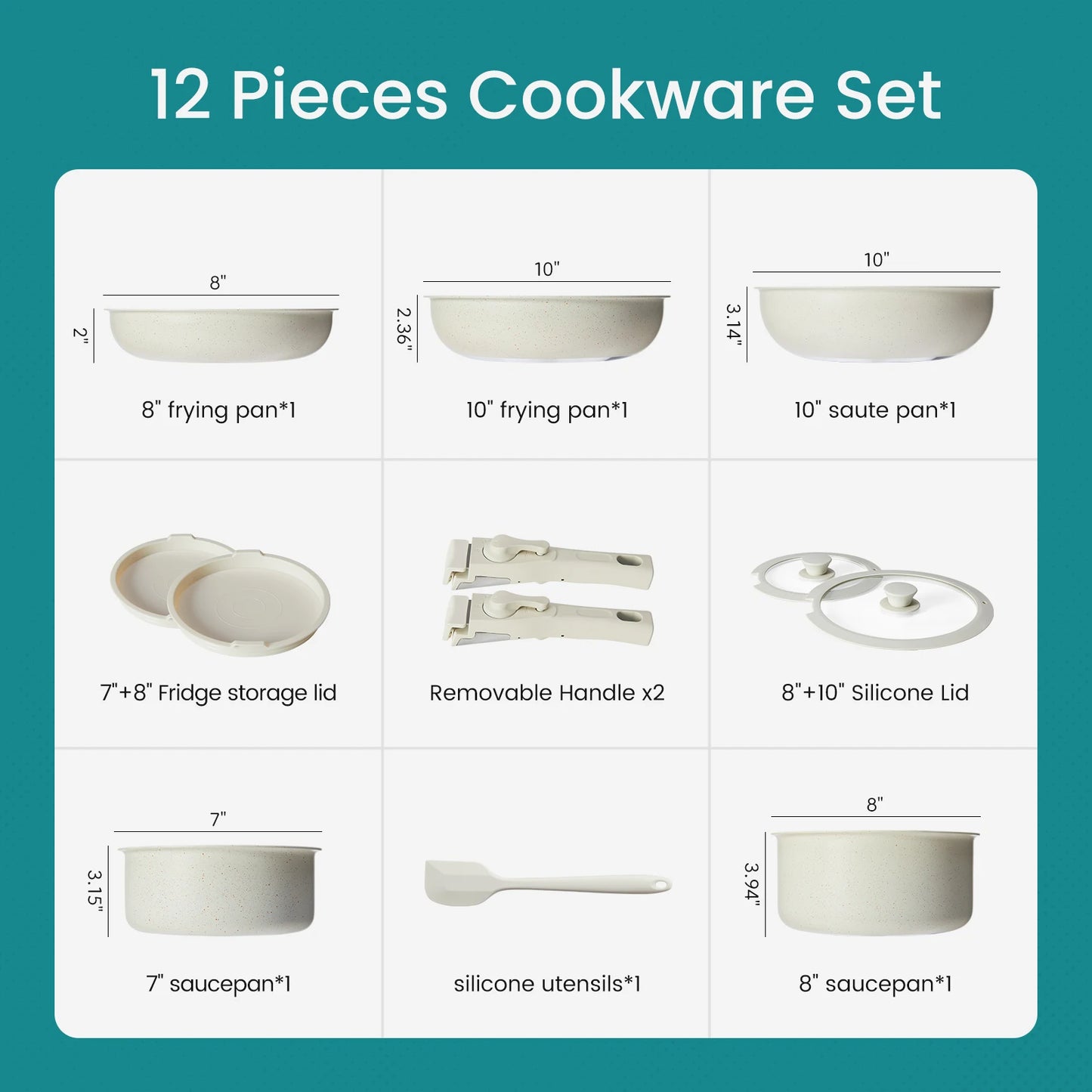 12 Pcs Pots and Pans Set Nonstick Kitchen Cookware Set Induction Cooking Sets Detachable Handle For Kitchen Dining
